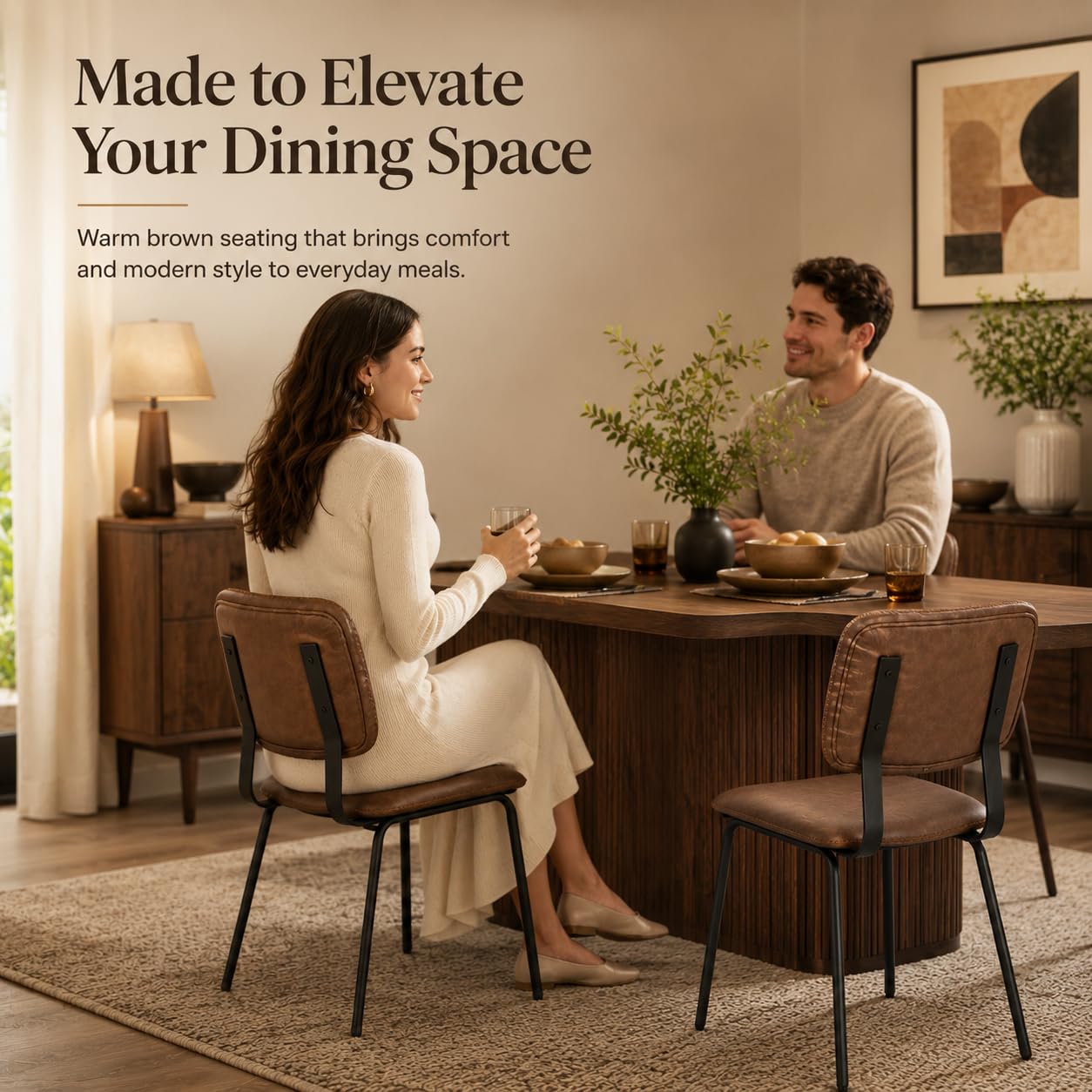 OrvieraSol Brown Dining Chairs Set of 2, PU Leather Upholstered Kitchen Chairs with Padded Seat and Back, Modern Armless Side Chairs with Black Metal Legs for Dining Room, Vanity, Living Room