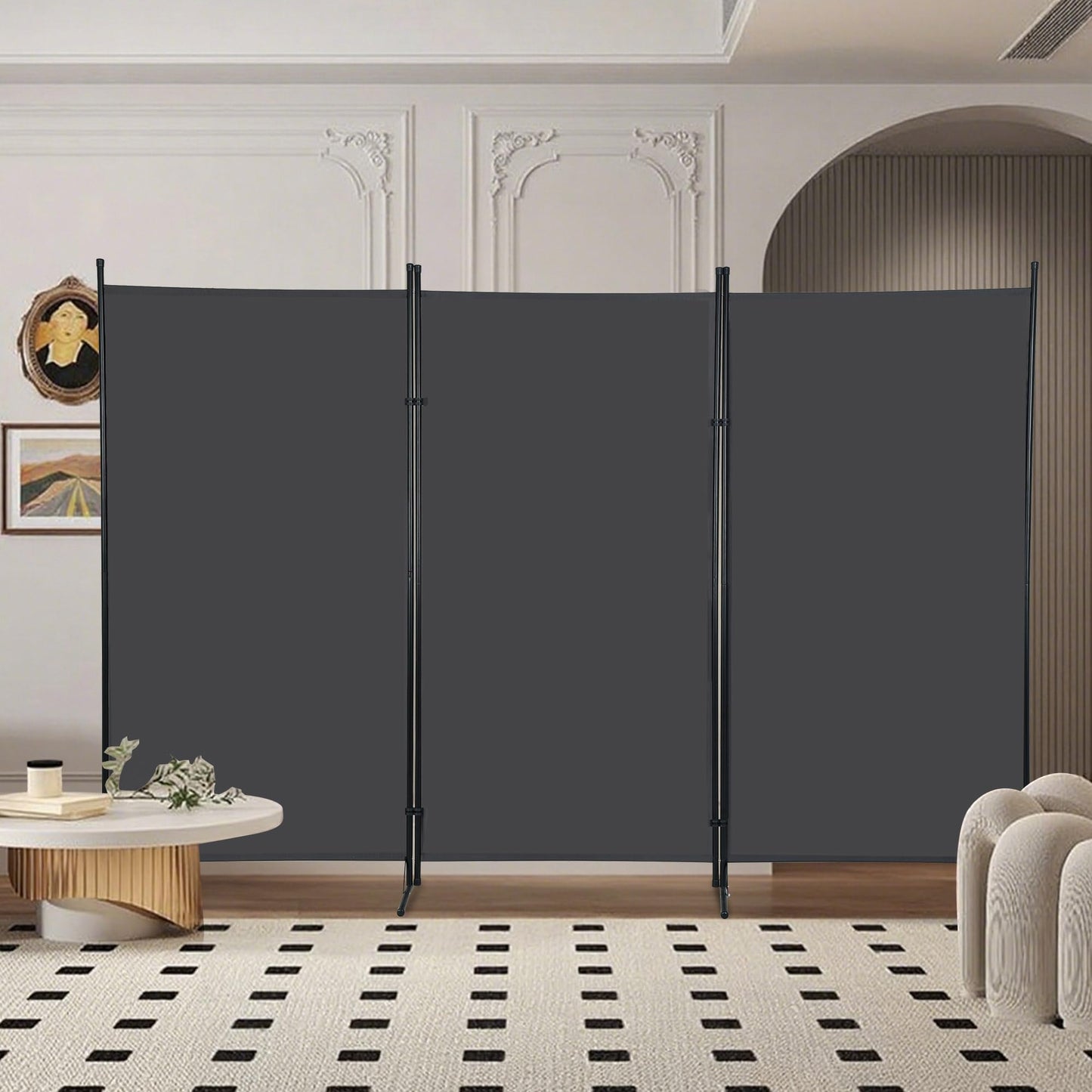 FDW 3-Panel Room Divider Privacy Screen, 6FT Portable Folding Partition with Metal Frame (102" W x 70" H) for Office/Home Use, Grey