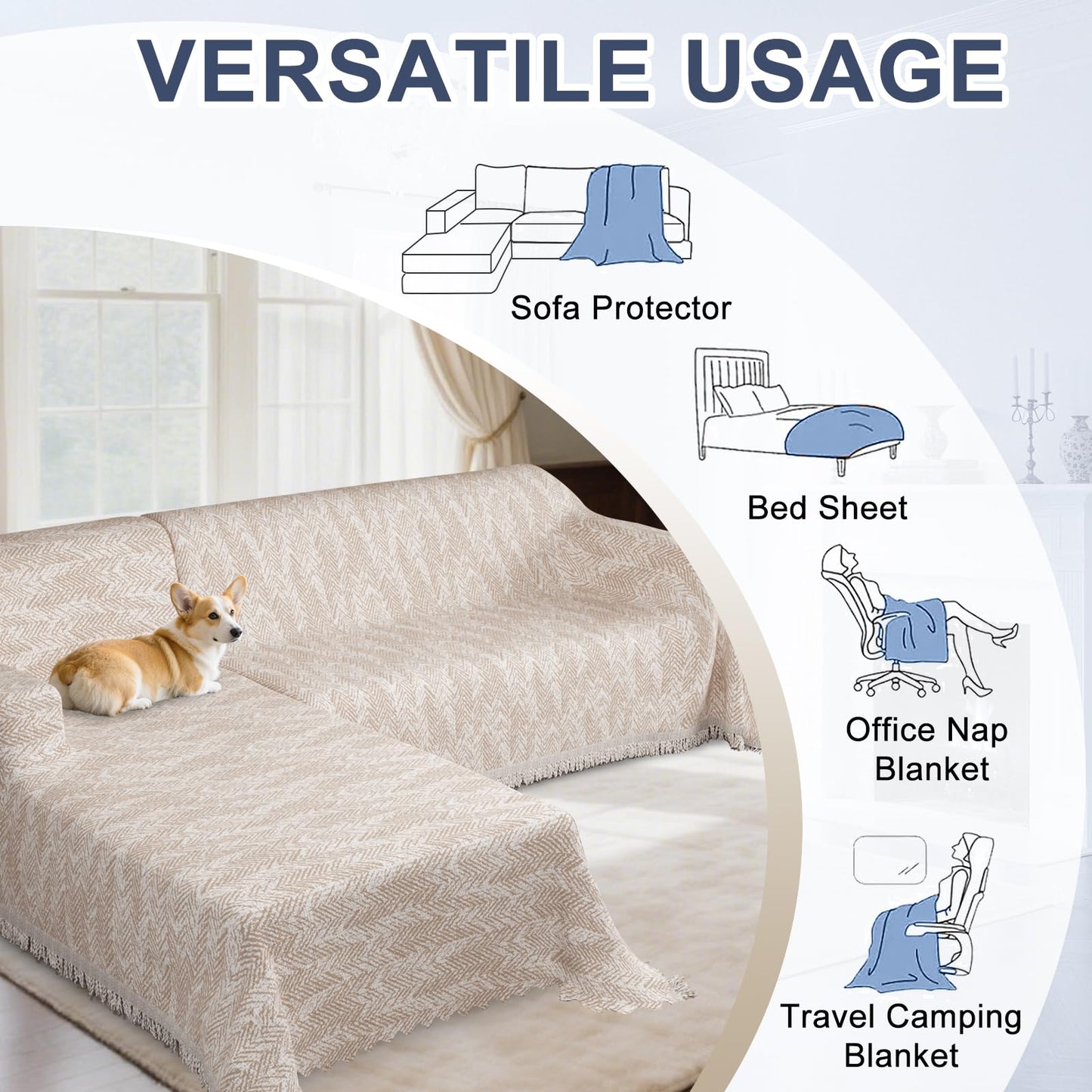 SYJOVIA Sectional Couch Covers L Shaped Sofa Cover Blanket 2 Pieces 1OO% Waterproof Couch Cover for Dogs Pets Washable Chenille Sofa Slipovers 71"x118" + 71"x134" (XX-Large, Khaki Wave)