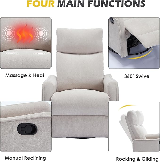 Trustyue Swivel Rocker Recliner Chair, 360° Swivel Recliner