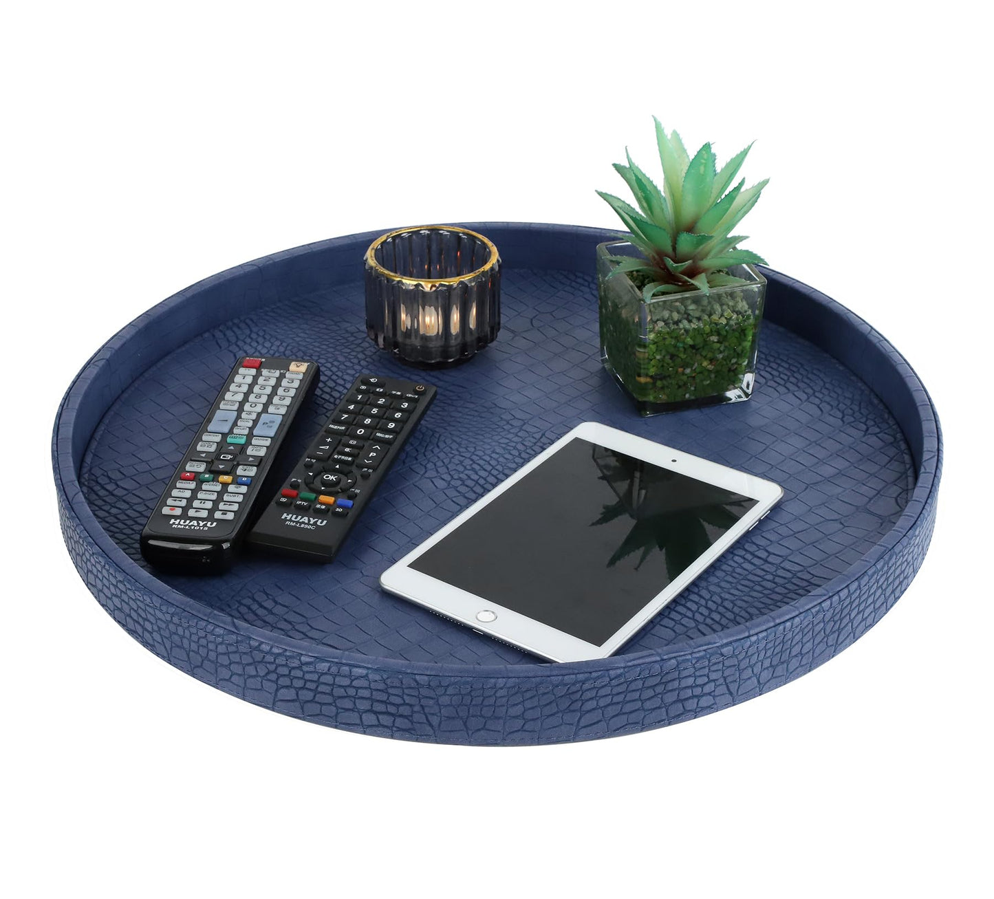 HofferRuffer Round Serving Tray 20'', Elegant Faux Leather Circle Ottoman Table Tray, Serve Tea Coffee Breakfast in Bedroom Living Room Kitchen (Blue, 20")