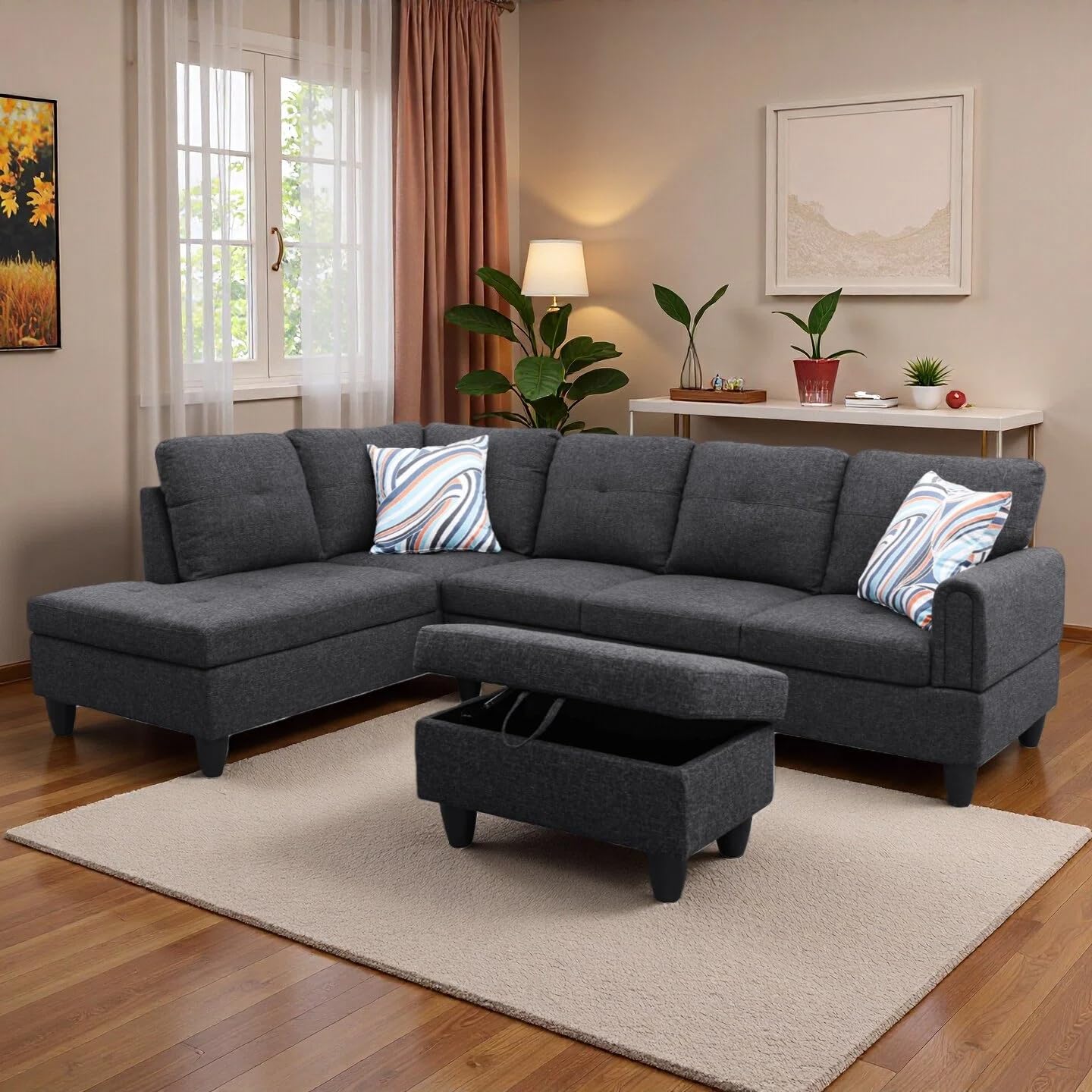 Trygoal L-Shaped Sectional Sofa with Movable Chaise & Storage Ottoman, Lounge 3-Piece Modular Convertible Couches for Living Room, Apartment & Office, Blackish Gray