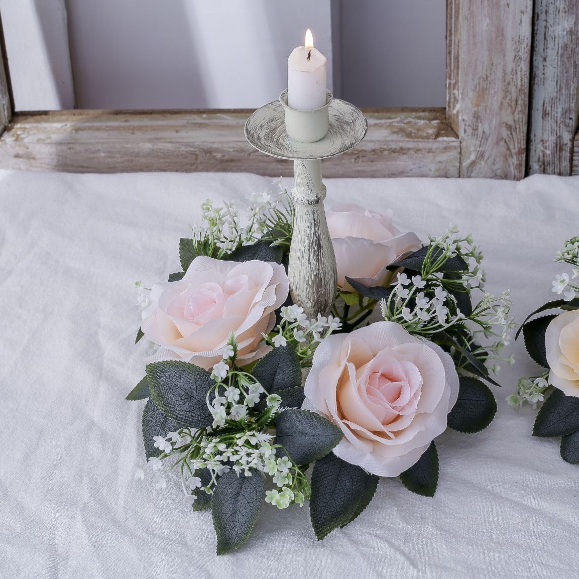 2 Pack Artificial Rose Candle Rings, Christmas Floral Wreaths with Eucalyptus Leaves Greenery Garland for Pillar Candle Lantern Wedding Centerpiece Party Home Fall Table Decor (Pink)
