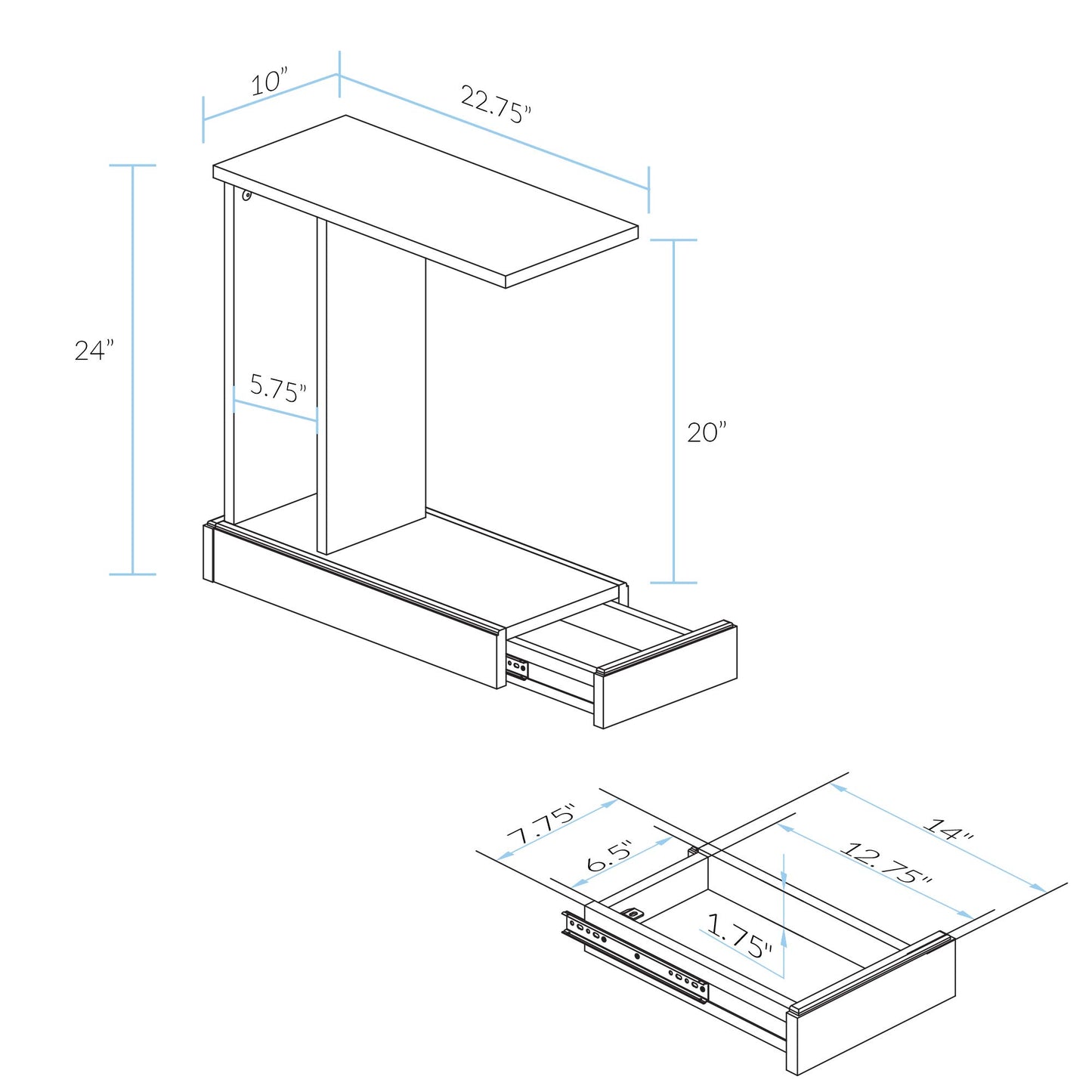 Casual Home Monroe C-Table Drawer, Concealment Furniture, Mocha, 22.75 in x 10 in x 24 in