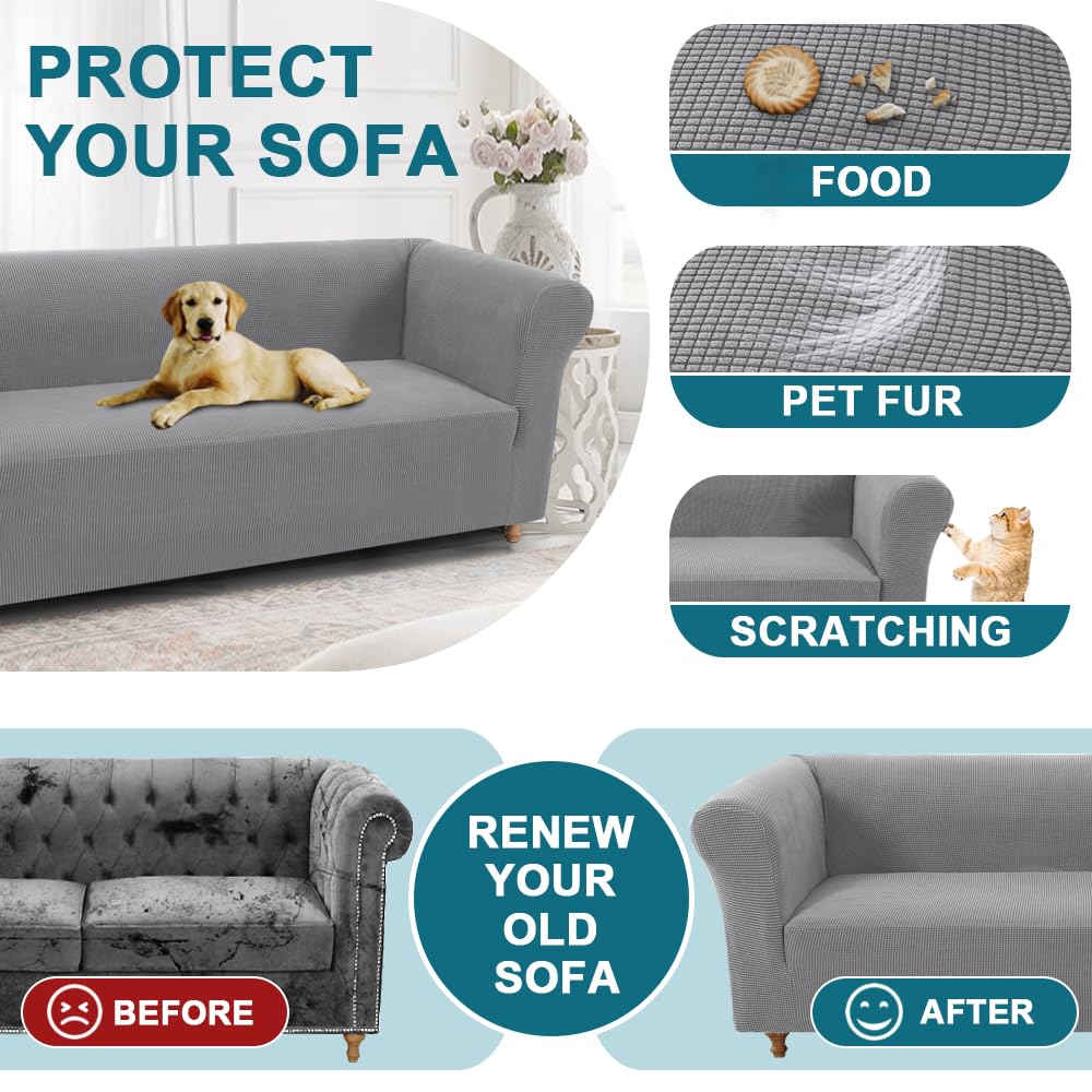 Turquoize Stretch Chesterfield Sofa Covers for Living Room Soft Sofa Couch Covers for 3 Cushion Couch Non-Slip Sofa Slipcover for Dogs Pet Furniture Protector Feature Jacquard Fabric (Sofa, Dove)