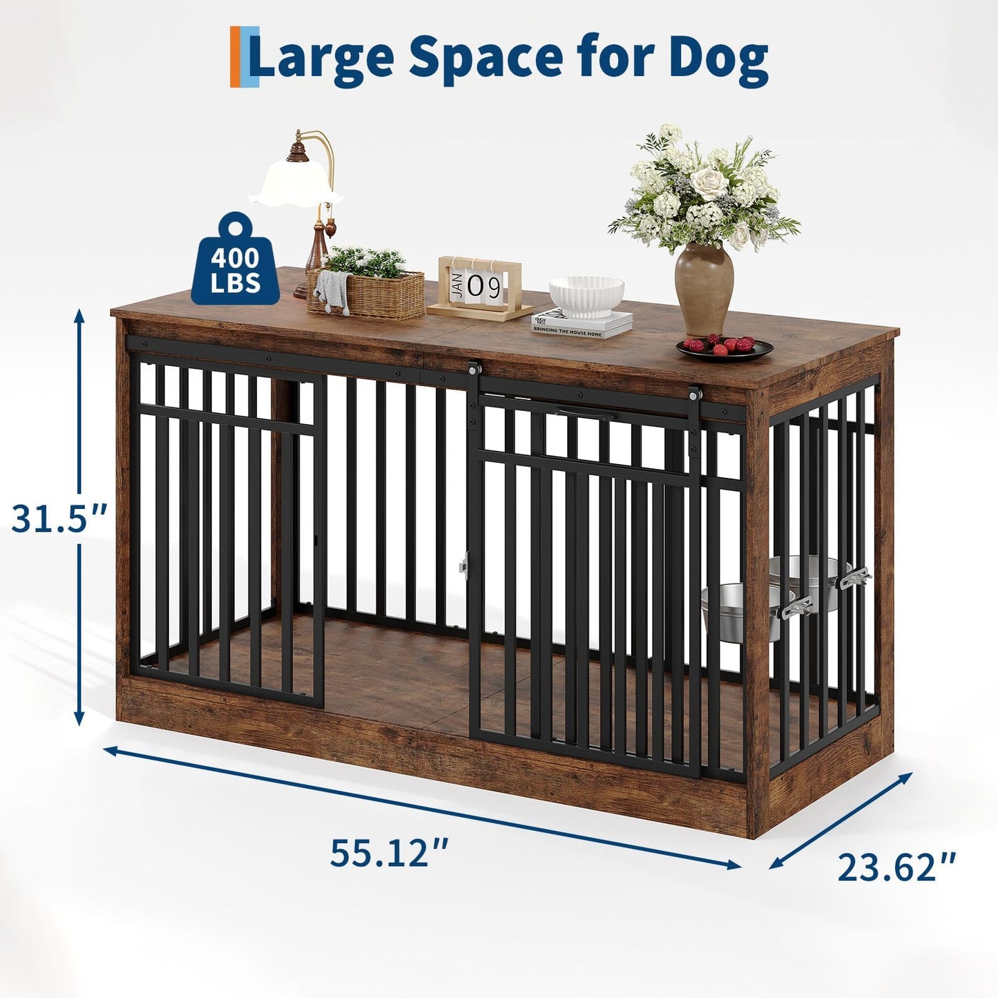 55" Large Dog Crate Furniture TV Stand - Heavy Duty Metal & Wood Dog Cage Table Kennel with Sliding Door and Food Bowl for Extra Large or Medium Dogs, Indoor Living Room Rustic Brown