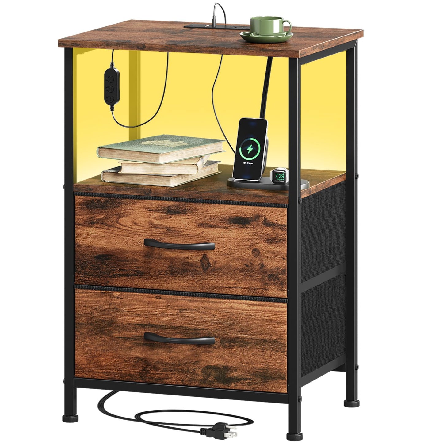 Somdot 2 Drawers Nightstand with Charging Station and LED Light for Bedroom, Small Dresser with Fabric Bins for Bedside Kids Dorm Room Closet Laundry Entryway, Wood Grain Print