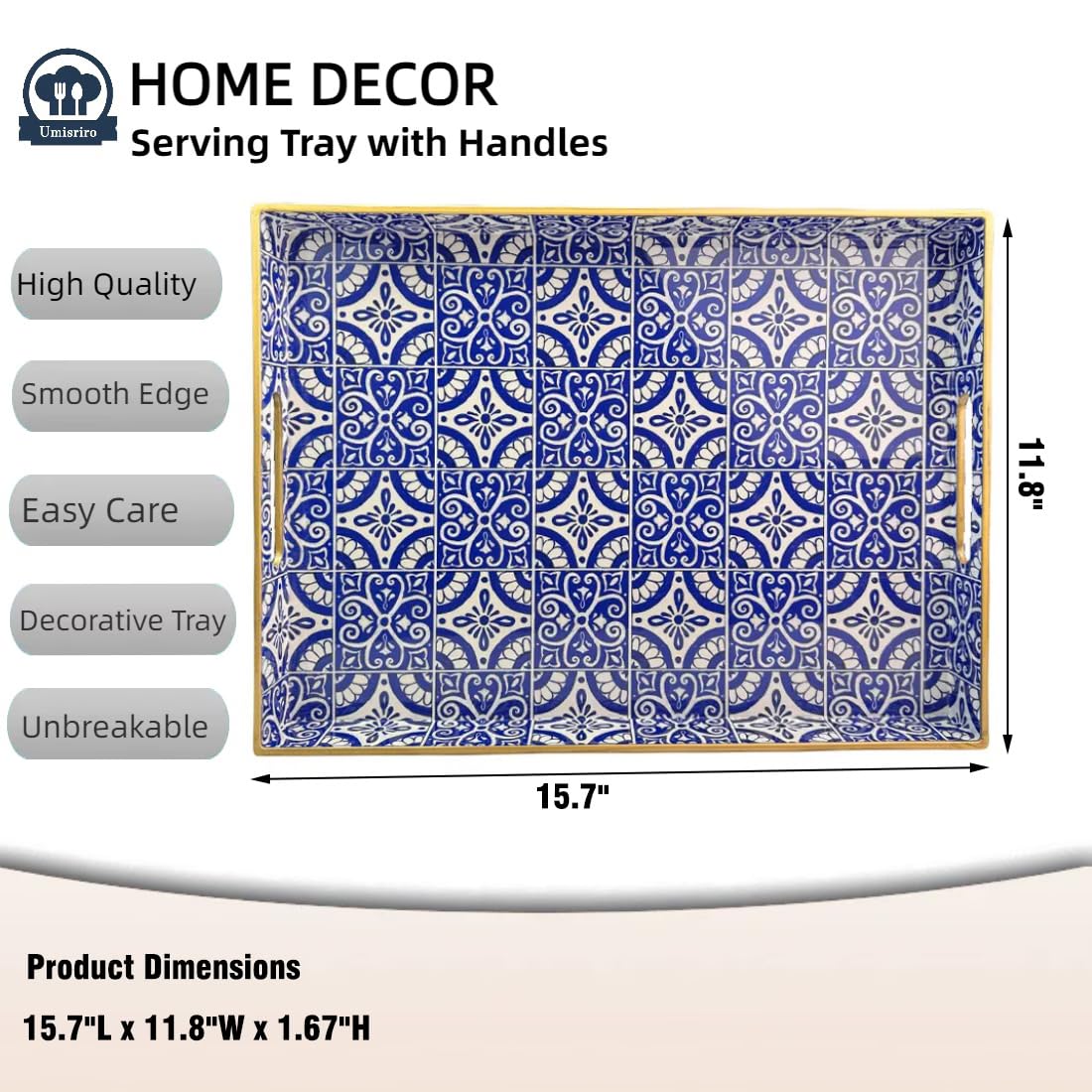 Umisriro Serving Tray with Handles, Rectangular Decorative Trays for Coffee Table, Plastic Ottoman Tray for Living Room, Decor, Boho Blue, 15.7”*11.8”*1.6"