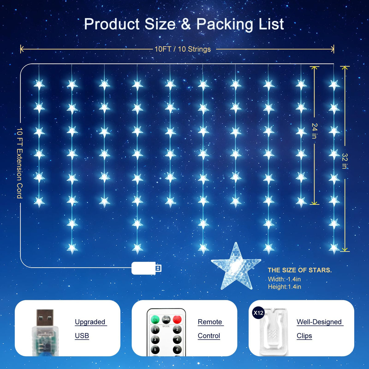 Star Curtain Lights Hanging Star Lights for Window 70 Stars String Light for Wall Décor USB Plug in 8 Modes Twinkle Fairy Lights for Christmas, Bedroom, Indoor, Outdoor, Weddings, Party (Cold White)