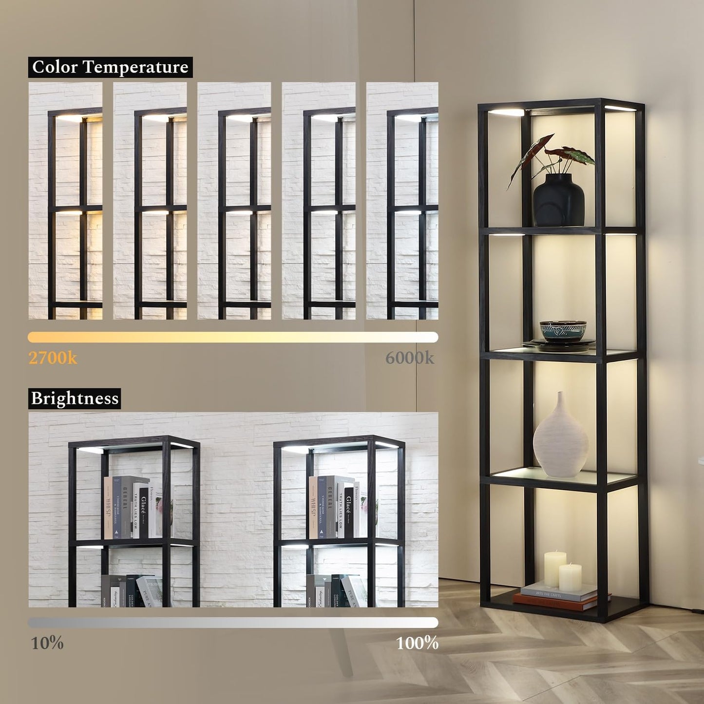 MITELSON Glass Display Shelf with Remote/APP Control, Curio Cabinet for Collectibles with Light, Modern Shelf Floor Lamp with Adjustable Color Temps for Living Room, Bedroom