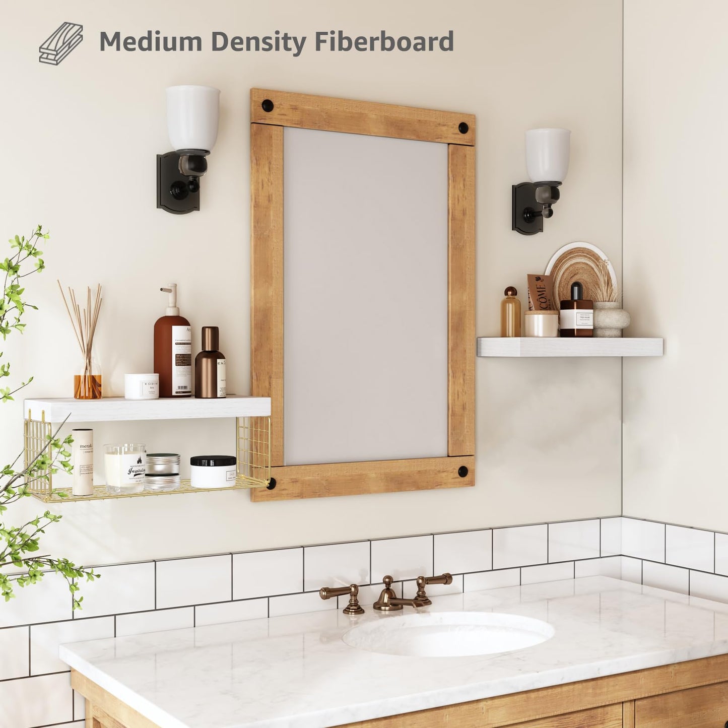 QEEIG Bathroom Shelves Over Toilet - Wall Mounted Floating Shelves Toilet Paper Storage Small Modern Decor Shelf 16 inch Set of 2, White and Gold (019-WG2)