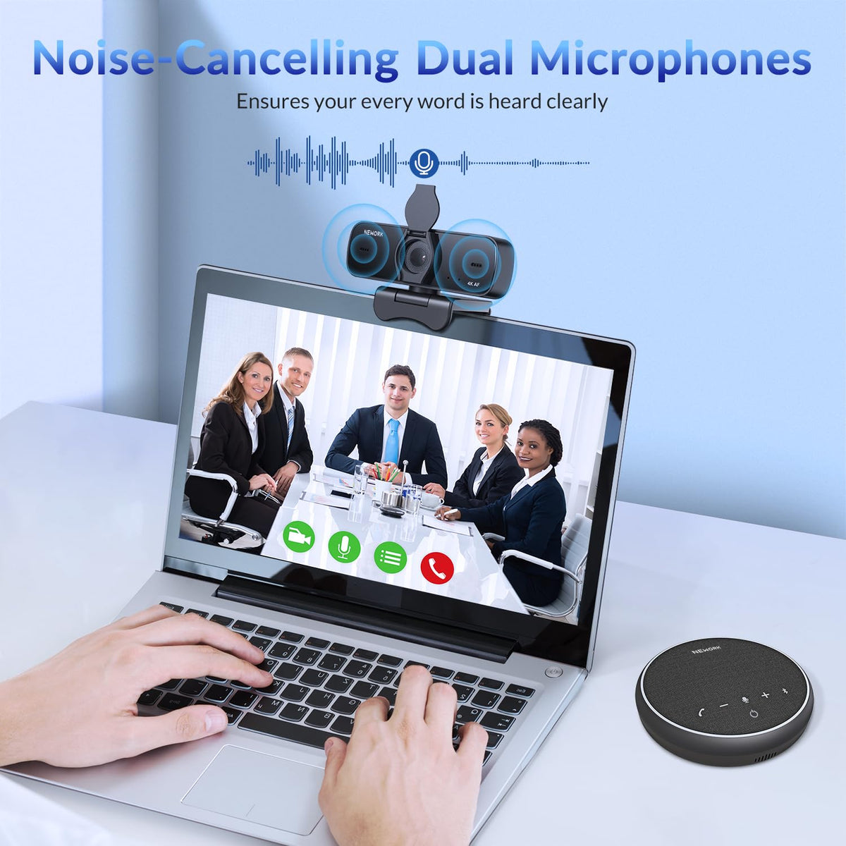 NEWORK 4K Webcam for PC with 2 Noise-Cancelling Microphones, Stable Auto Focus, Plug&Play Computer Camera for Online Teaching, Meetings, and Remote Communication (with Tripod)
