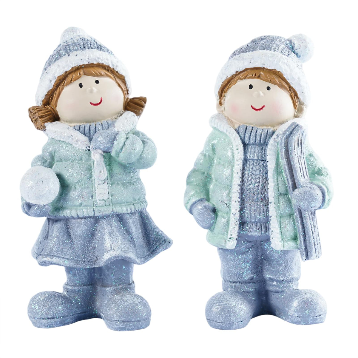 Brizoria Miniature People Figurines Set of 2 Glitter Resin Boy and Girl Winter Decorations for Home Indoor Tabletop Mantel Shelf Cute Christmas Home Decor Small Tiny People Figurines