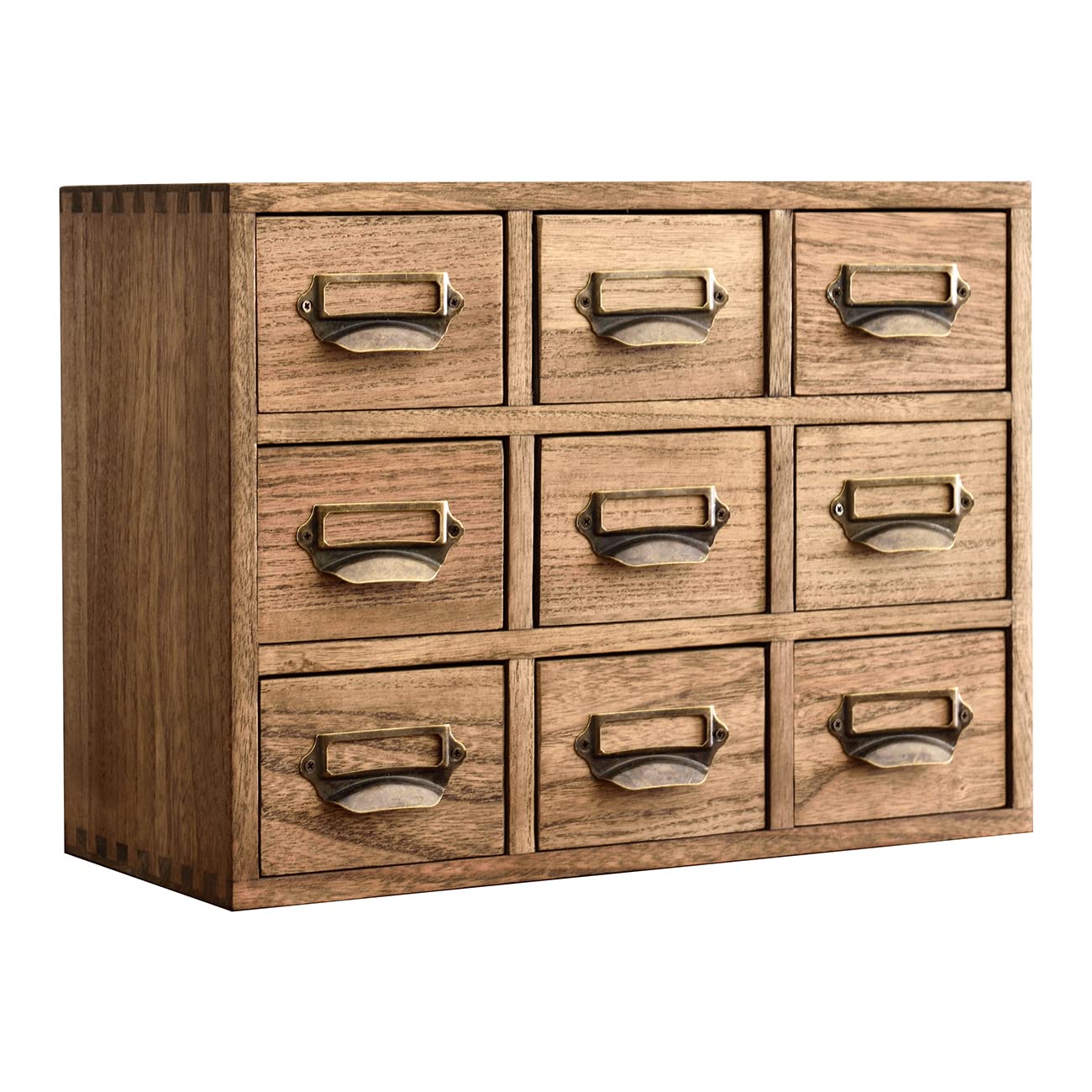KIRIGEN Wooden Desk Storage Cabinet with 9 Mini Drawers, Solid Wood Desktop Organizer with Metal Label Handles for Office Supplies, Crafts, Tea Bags, Makeup, Brown 9CG-DBR