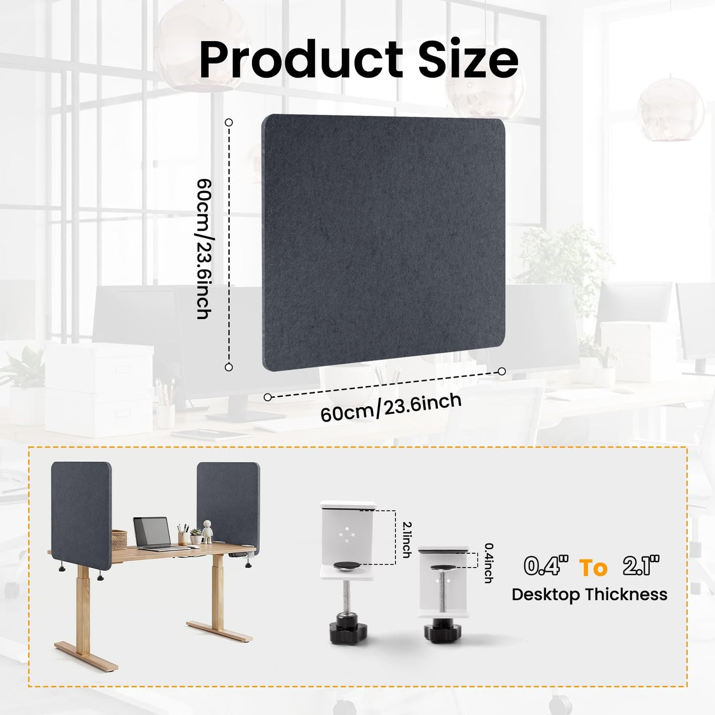Desk Divider, Clamp On Felt Desk Privacy Panels, Acoustic Sound Absorbing Desk Partition for Office Desk, Reduce Distractions, Dark Gray, 1 Pack, 24 x 24 in