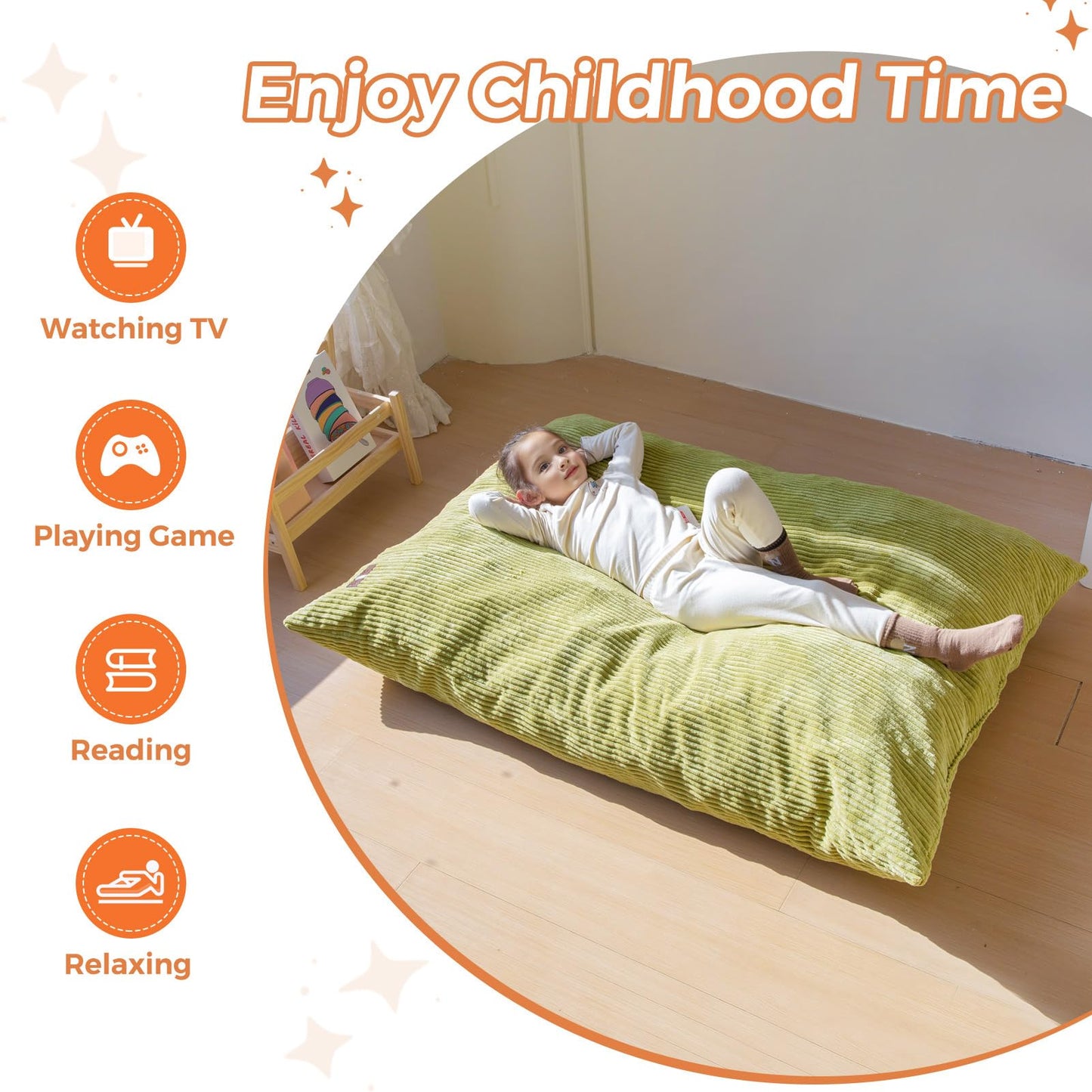 MAXYOYO 3 in 1 Kids Bean Bag Chair Bed, Convertible Chair Folds from Bean Bag to Lounger, Child Floor Sofa for Gaming, Reading, Floor Couch with High-Density Foam Filling
