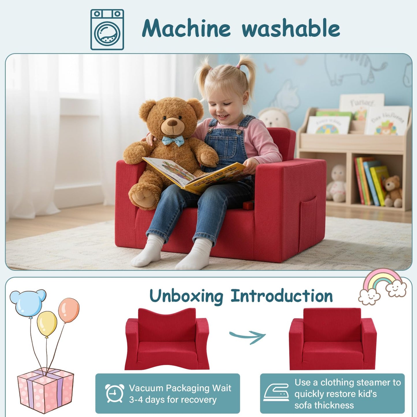 Tiita 2-in-1 Kids Sofa, Convertible Children Couch to Lounger, Flip Out Kids Chair, Toddler Armrest Chair Bed, Folding Kid Play Sofa for Girl or Boy, Corduroy Red