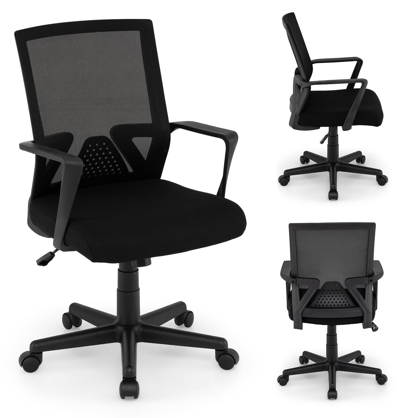 Giantex Office Desk Chair with Lumbar Support, Ergonomic Mesh Office Chair with Wheels and Armrests, Mid Back Rolling Swivel Adjustable Task Chair, Executive Computer Chair for Home Office, Black