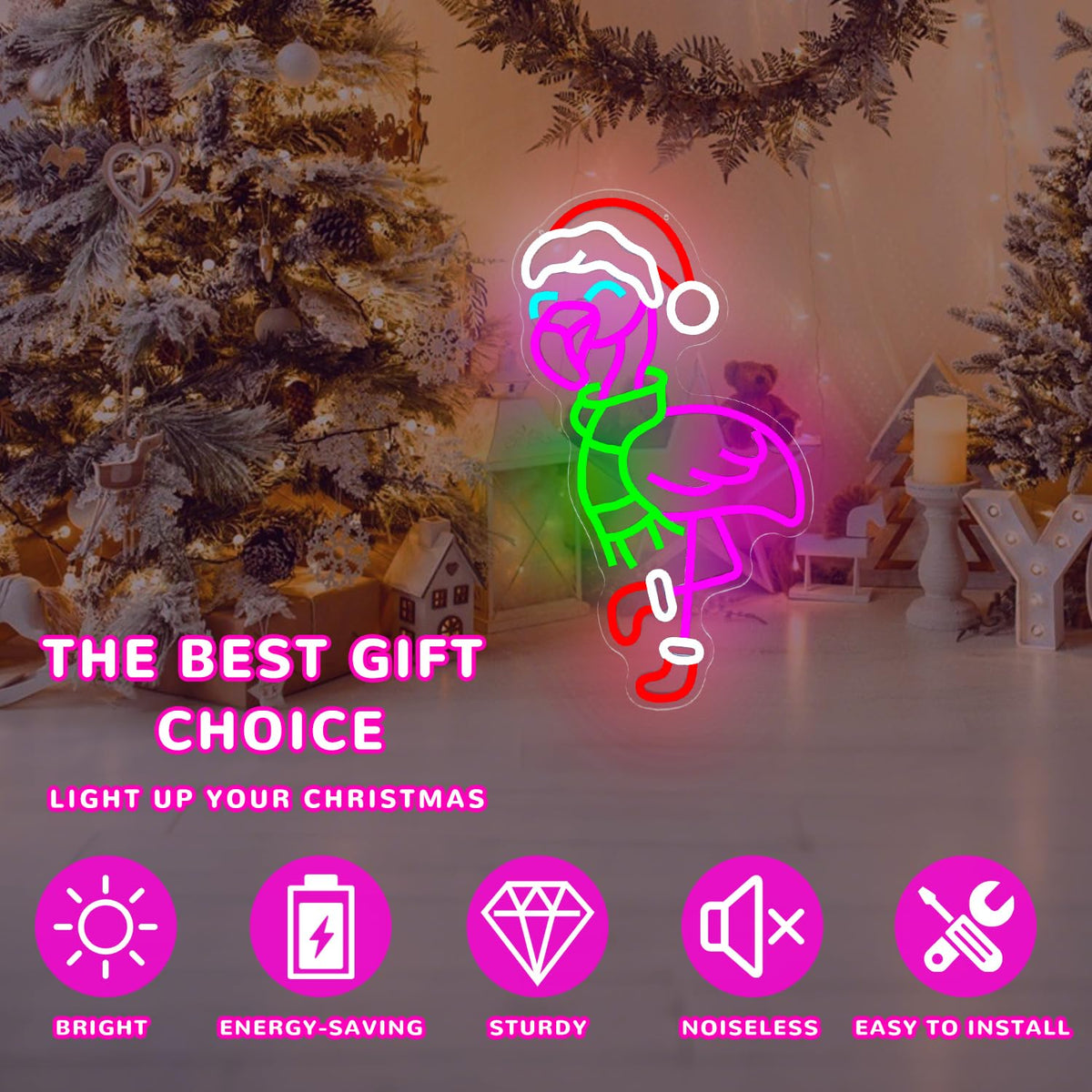 hhuohuona Christmas Flamingo Neon Sign Dimmable Pink Flamingo Christmas Led Sign Flamingos With Santa Hat & Scarf & Stockings Neon Light Tropical Coastal Wall Art Decor