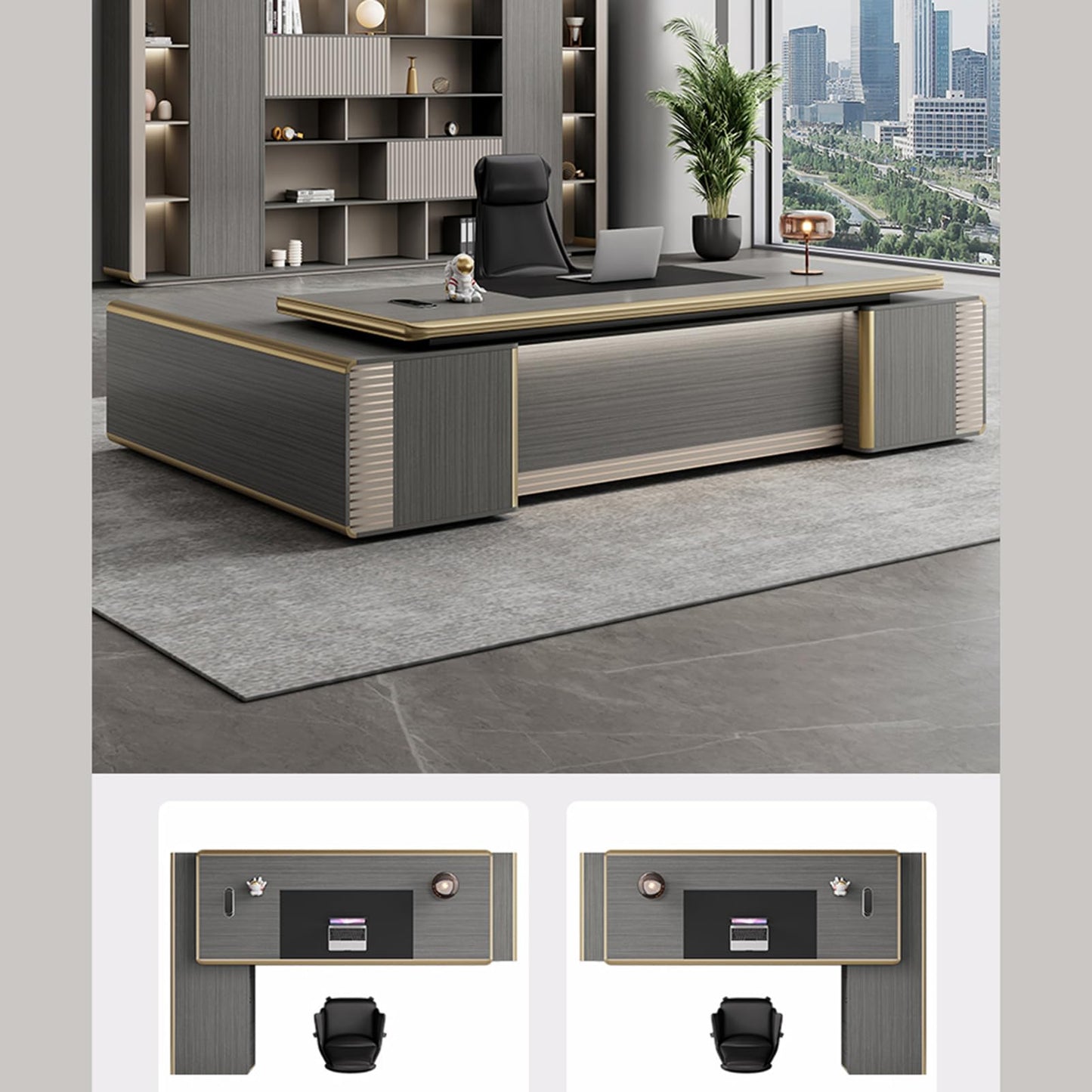 LSIGHTUS Modern Executive Office Desk with Lateral Cabinet, Luxury Wood Reception Desk with Metal Frame, Writing Study Table Business Furniture Set Workstation for CEO Boss Manager