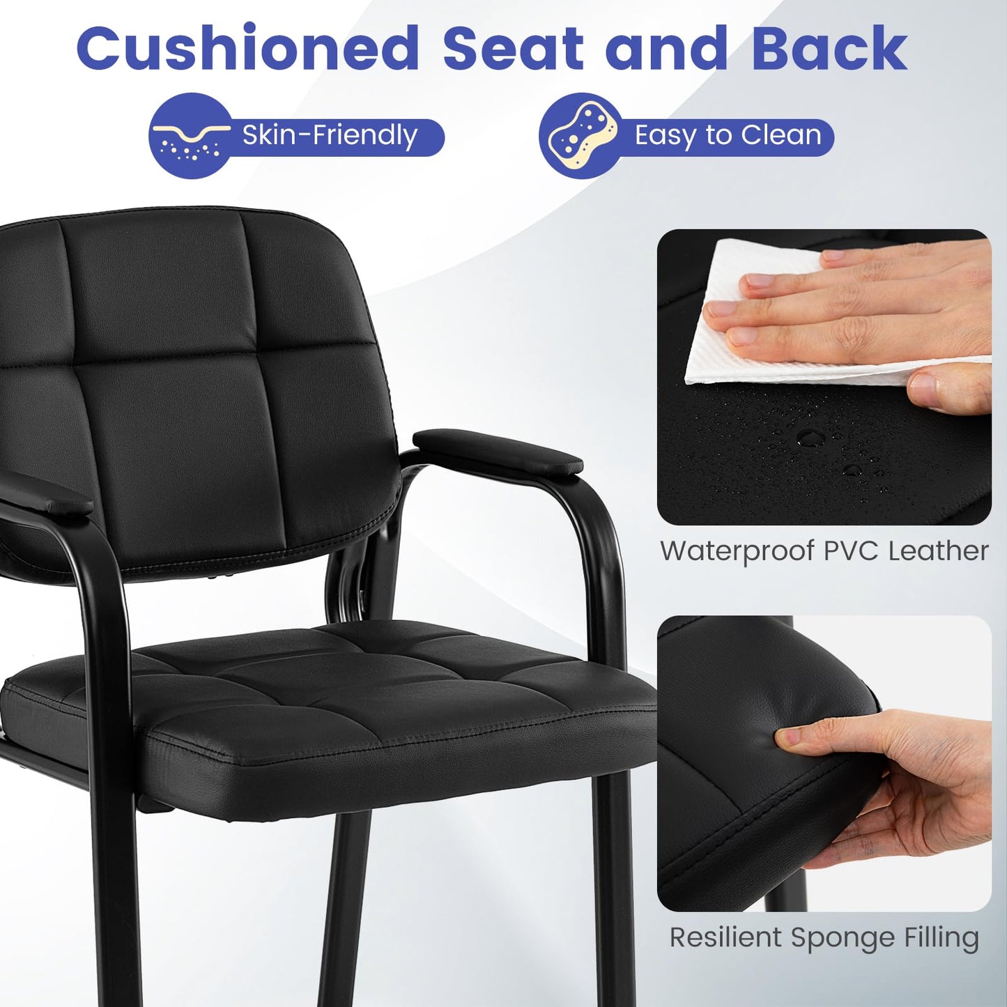 Giantex Waiting Room Guest Chairs Set of 2, Leather Office Reception Chairs with Padded Armrests, Metal Frame, Stationary Side Chairs No Wheels for Conference Meeting Lobby Home, Black