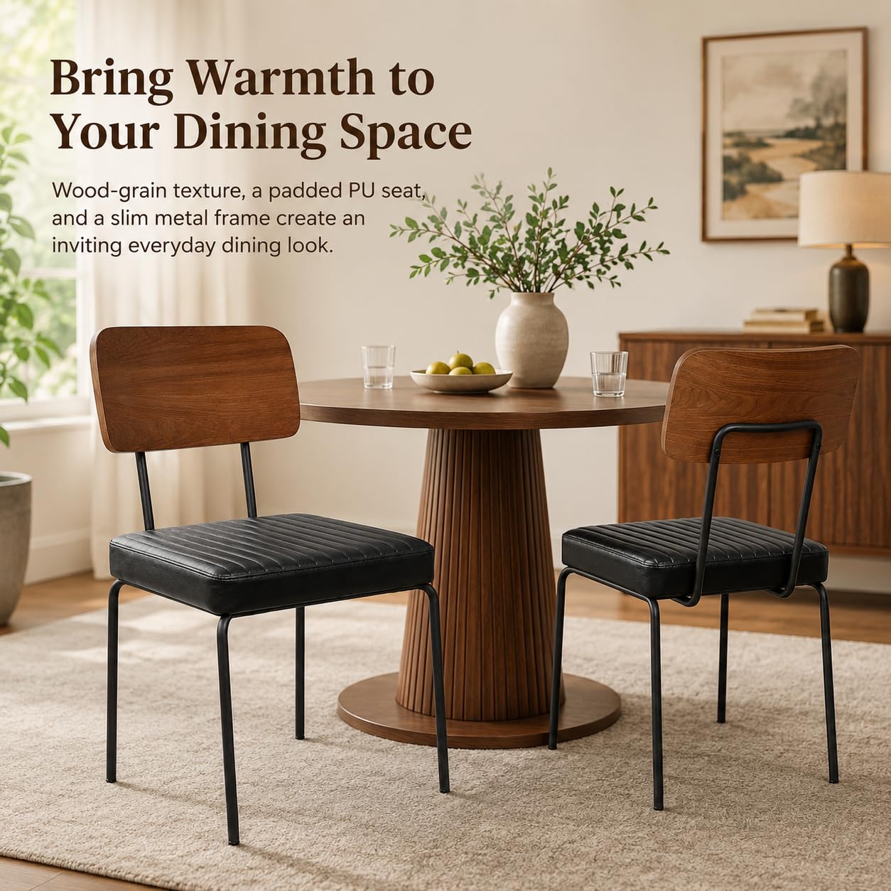 Dining Chairs Set of 2, PU Upholstered Kitchen & Dining Room Chairs with Curved Wood-Grain Plywood Back, Black Metal Legs, Adjustable Foot Pads, Armless Chairs for Dining Room, Kitchen, Vanity, Office