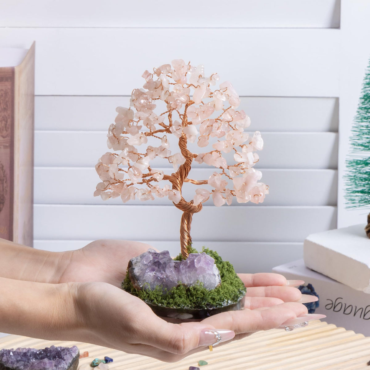 Dreamocean Rose Quartz Crystal Tree of Life Pink Crystal Tree Money Gemstone Bonsai Tree for Positive Energy, Money, Good Luck Feng Shui Spiritual Decor Birthday Gifts for Women （Pink）