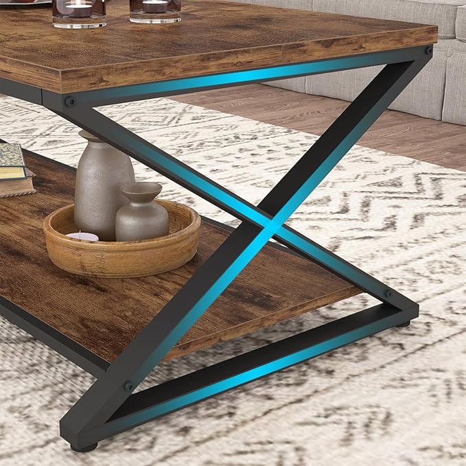 HSH Rustic Coffee Table with Storage Shelf, Industrial Metal Wood Living Room