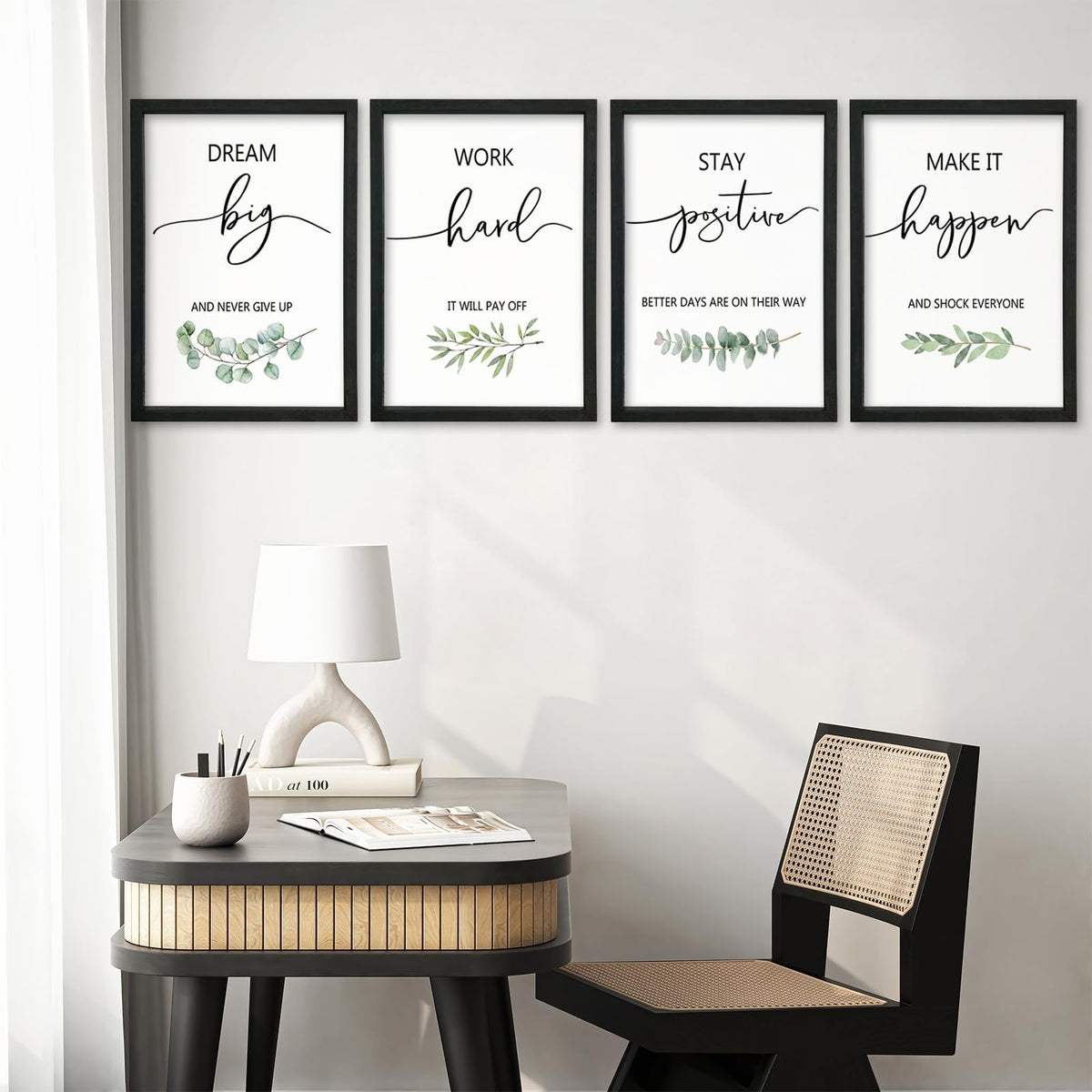 YWJKWLGS Inspirational Quote Wall Art Set 11x16 Inch Set of 4 Motivational Home & Office Decor for Positive Family Encouragement Wooden Framed Signs (Black)