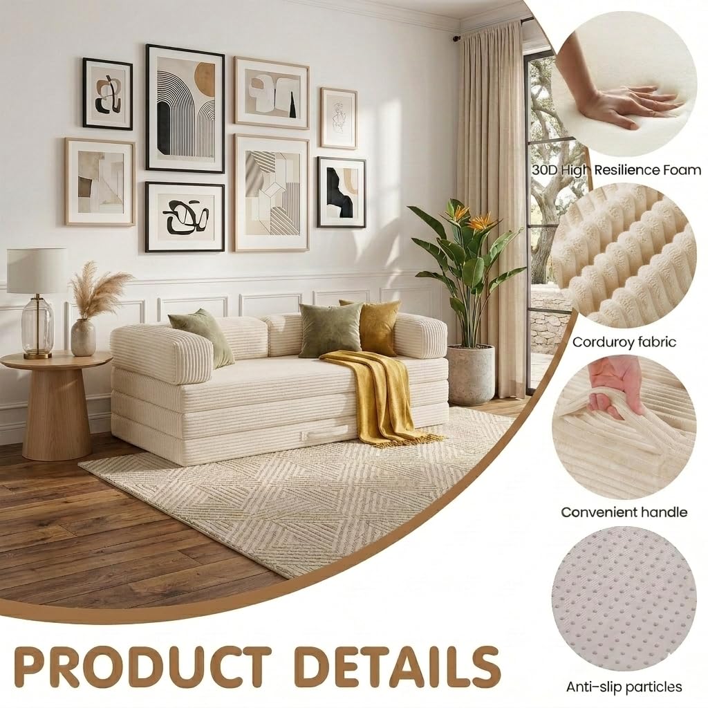 NLDD Convertible Sofa Bed King,5-in-1 Folding Boneless Couch Corduroy Futon Sofa Bed,Tri-Fold Mattress with Removable Armrests & Handle,Sleeper with Pull Out Bed for Small Space Living Room Bedroom