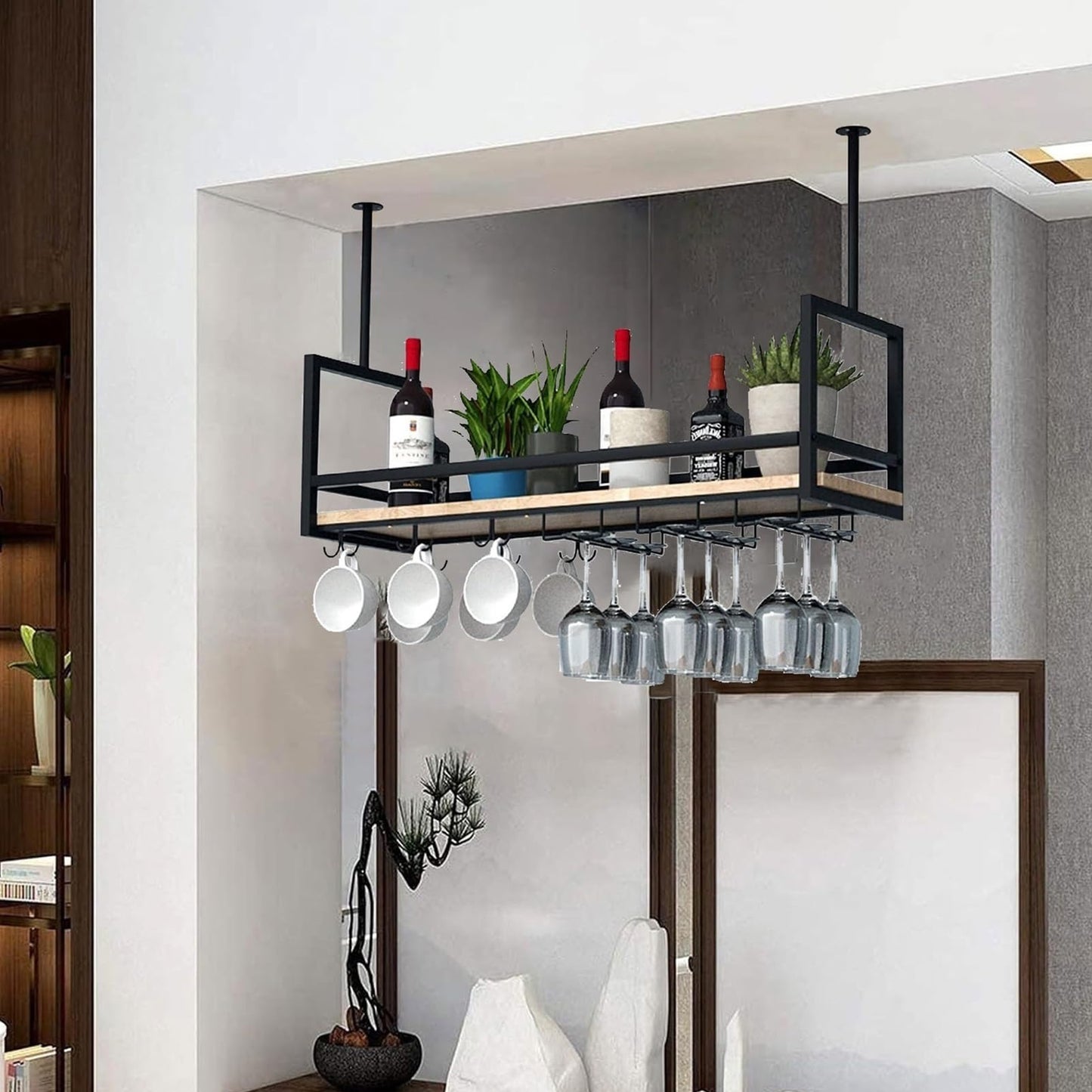 GYRHNNP Wall Mounted Wine Glass Holder - Metal Ceiling Hanging Wine Rack & Floating Bottle Shelf for Kitchen, Bar, Cafe - Stylish Storage Solution (Size: 100x30x60cm)