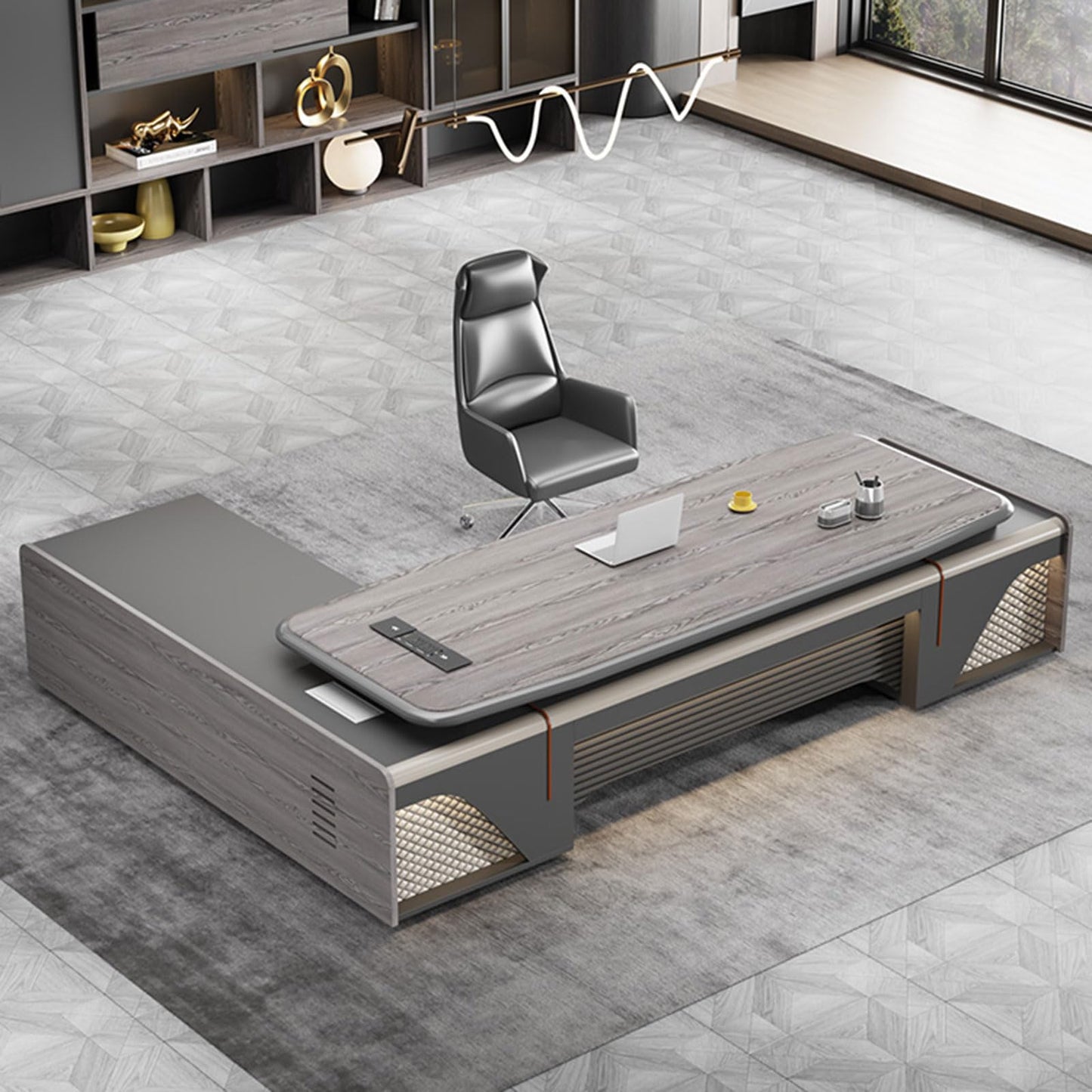 LSIGHTUS Grey Modern Business Executive Office Desk Computer Desk with Lateral Cabinet Writing Study Table Business Furniture Set for CEO Boss