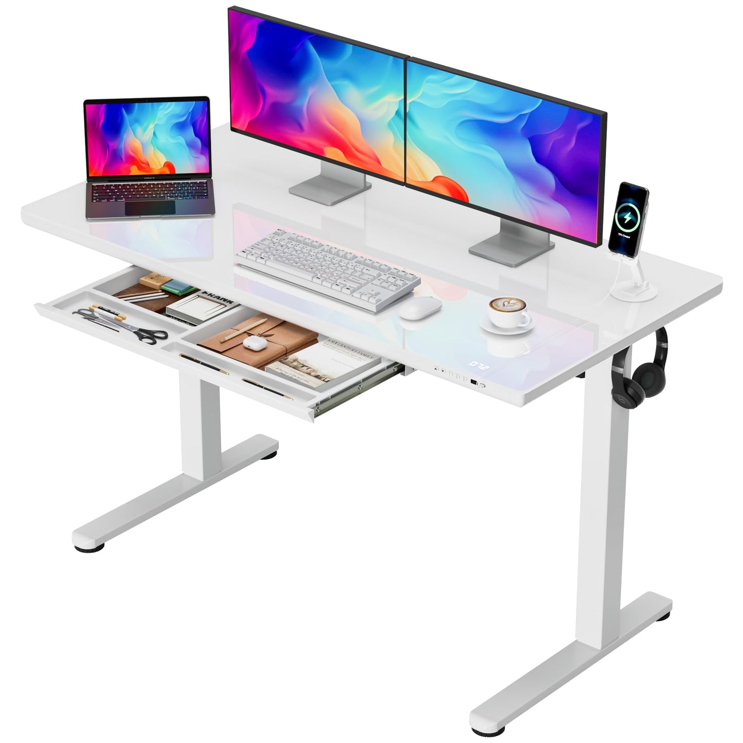 Furmax Glass Standing Desk with Drawers, Electric Adjustable Home Office Sit Stand Desk with One-Piece Desktop & USB Charging Port for Computer Desks