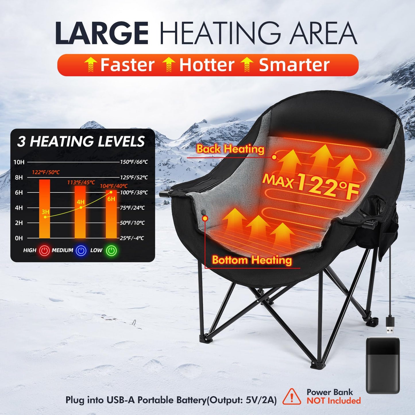 Heated Oversized Camping Chair - Heavy Duty Padded Folding Camping Chairs for Adults with Cooling Bag, Side Pocket, Cup Holder and Carry Bag for Outdoor Sports Lawn Fishing Garden Portable