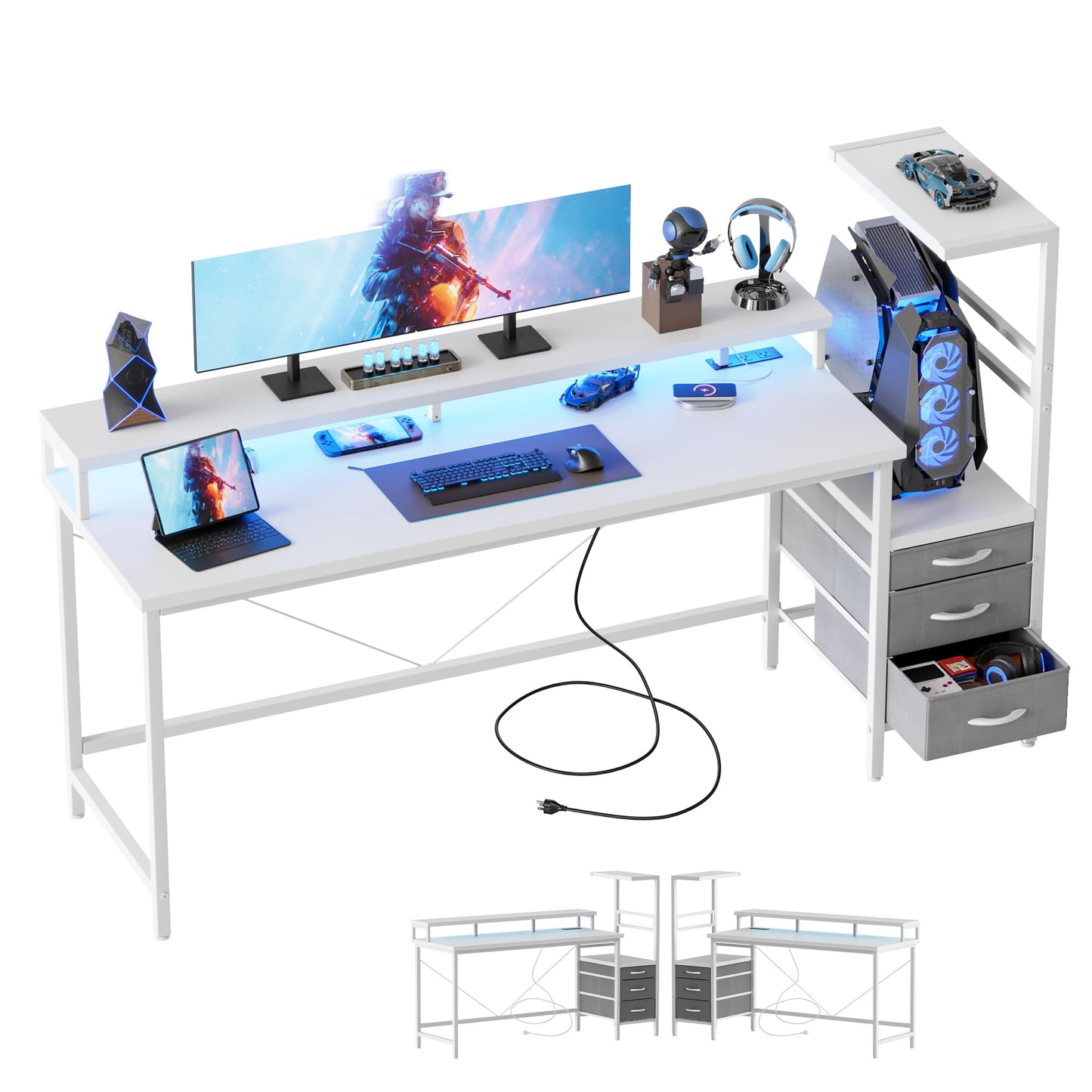 Mericonia 60 inch Gaming Desk with LED Lights & Power Outlets, Reversible Computer Desk with Storage Drawers & Monitor Stand, Large Gaming Table for Home Office