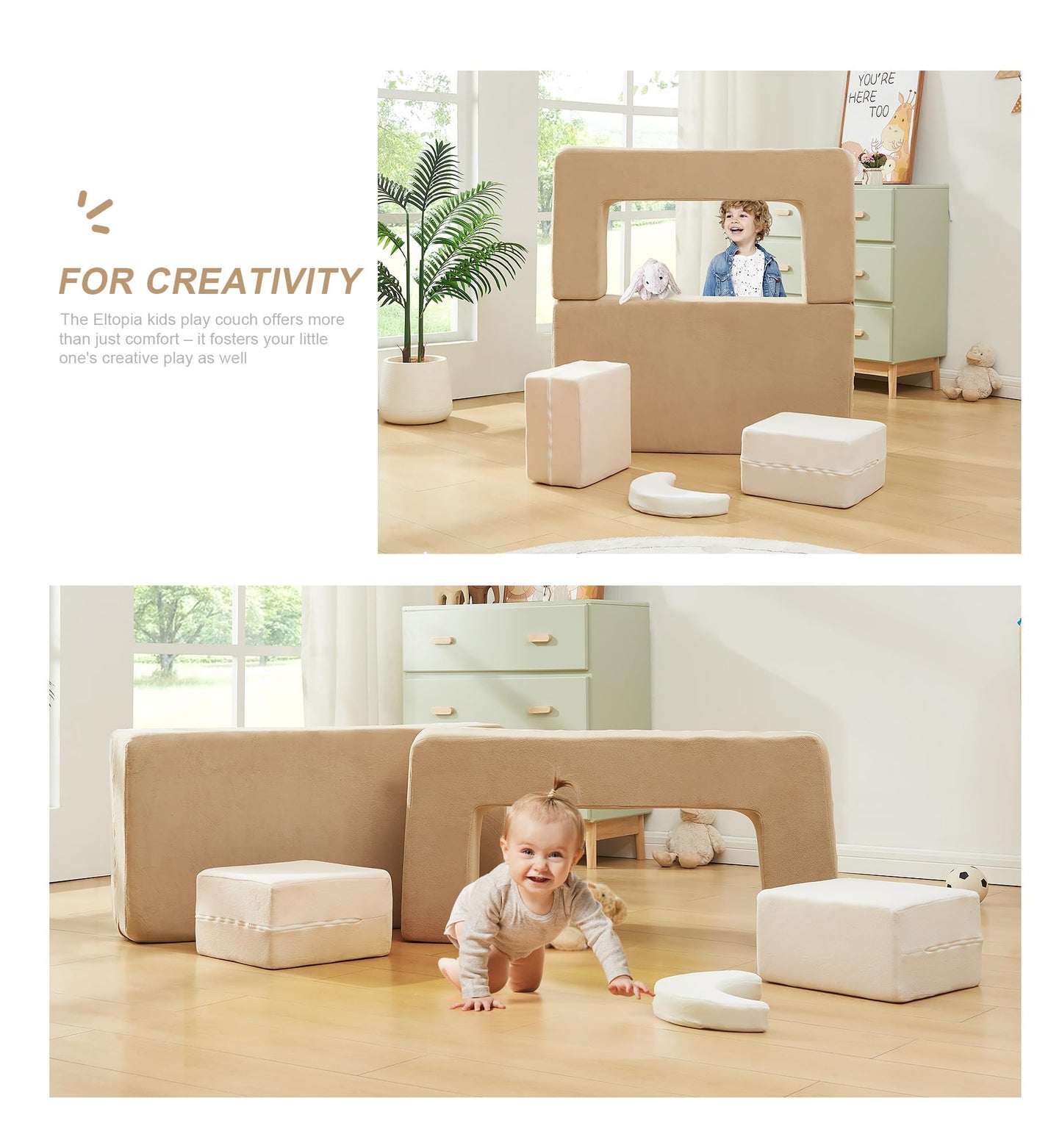 Elftopia Modular Kids Sofa,Toddler Couch Foam Armchair for Kids,Children Convertible Plush Sofa Play Set,Fold Out SofaBed(Classic Color)