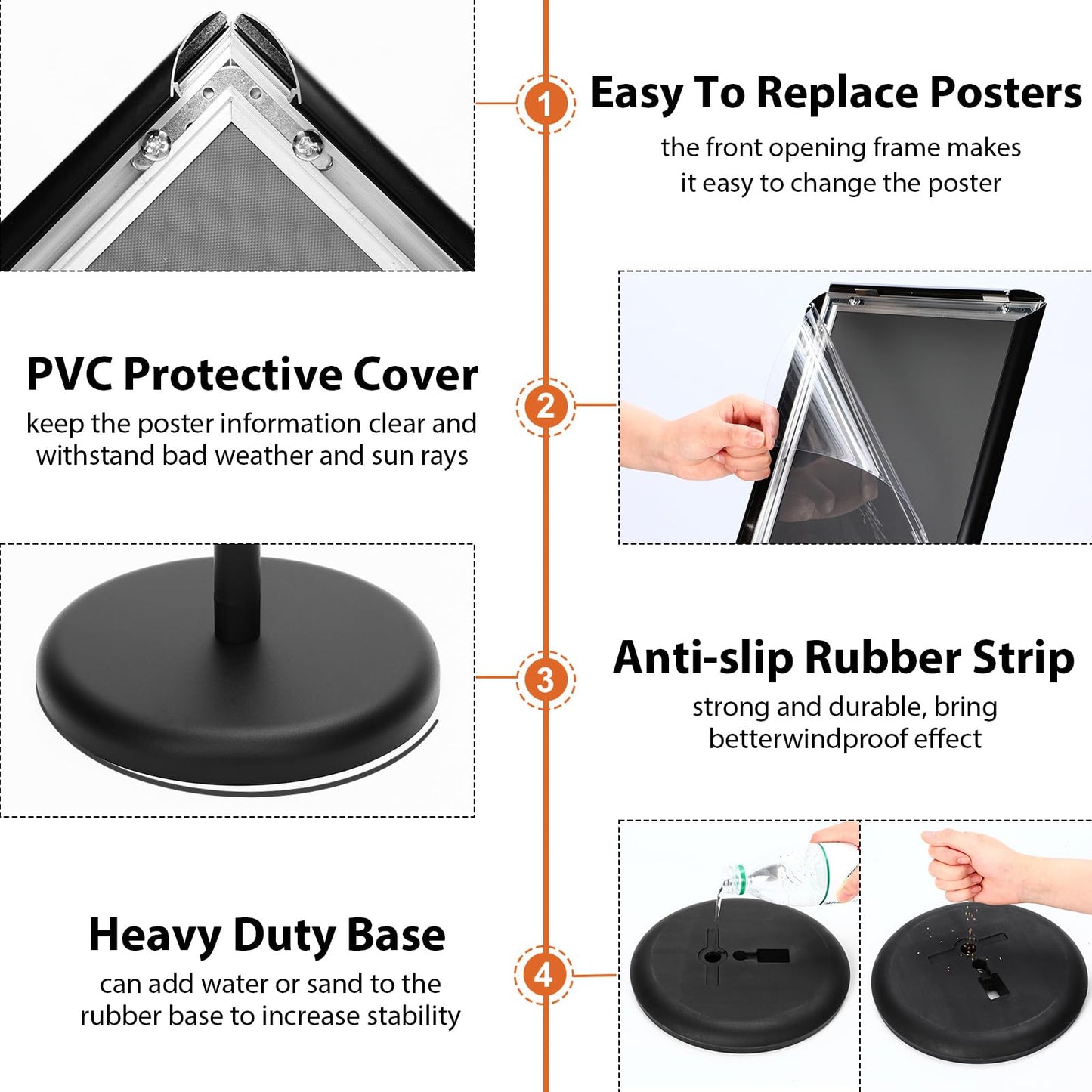 Feifeiya 6 Pack Adjustable Sign Stand Holder 8.5'' x 11" Floor Standing Sign with Base and Snap open Frame Pedestal Stand for Indoor Outdoor Display Vertical Horizontal View(Square Corner,Black)
