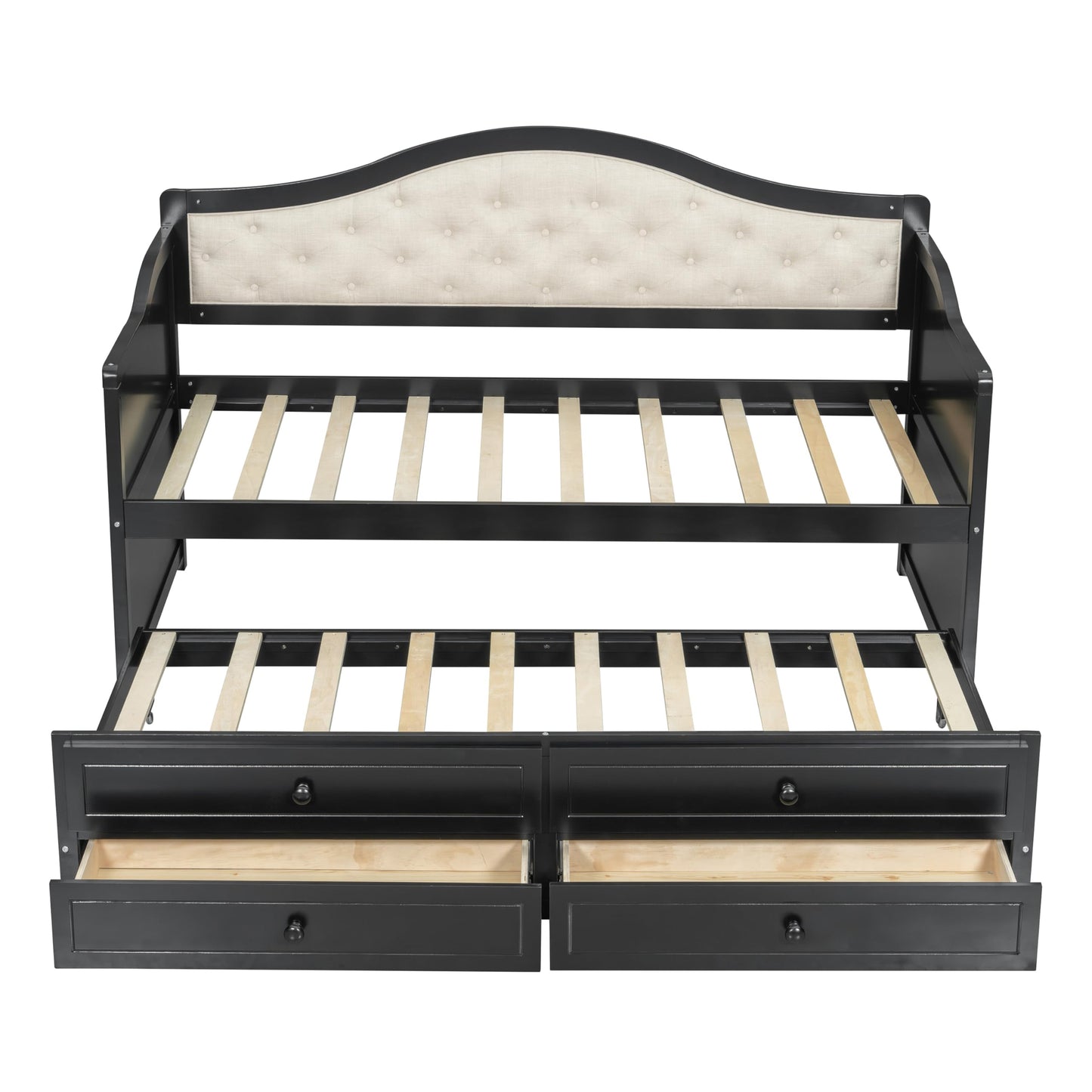Twin Daybed with Trundle and Storage Drawers, Upholstered Button Tufted Sofa Bed for Guest Room, Modern Wooden Daybed with Pull Out Bed, Space Saving Design for Small Space, Bedroom, Dorm, Black