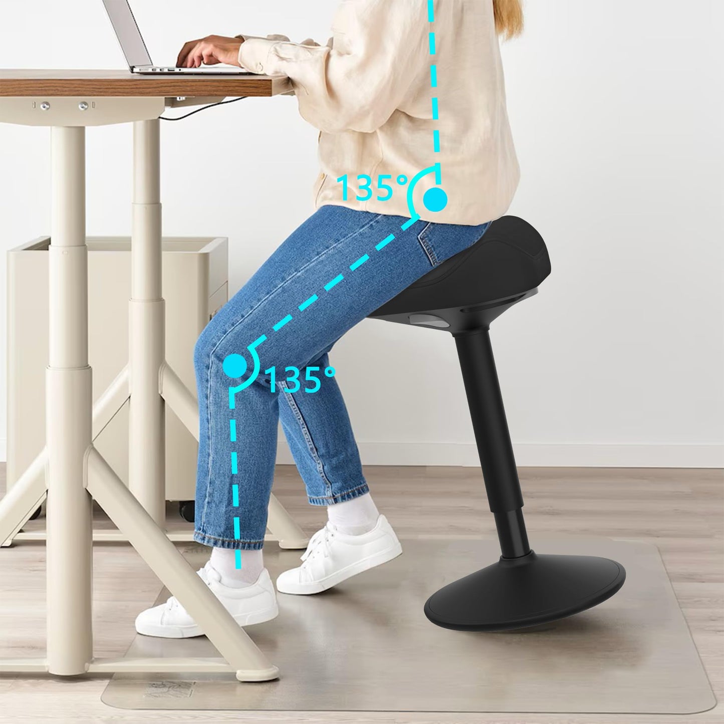Yonsaeik Standing Stool, Adjustable Ergonomic Office Chair Standing Desk Chair Swivel 360 Degree Swivel Tilting Balance with Saddle Seat for Active Learning Sitting
