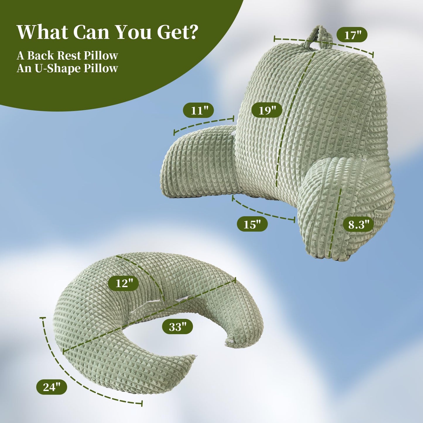 19" Reading Pillow for Bed,U Shaped Arm & Elbow Support,Green Flannel