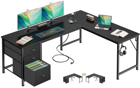 Furologee 63" L Shaped Computer Desk with Power Outlet & USB-C Port, Reversible Home Office Desk with 2 Fabric Drawers, File Cabinet, Hooks, Large Corner Table for Gaming, Writing, Work, Black