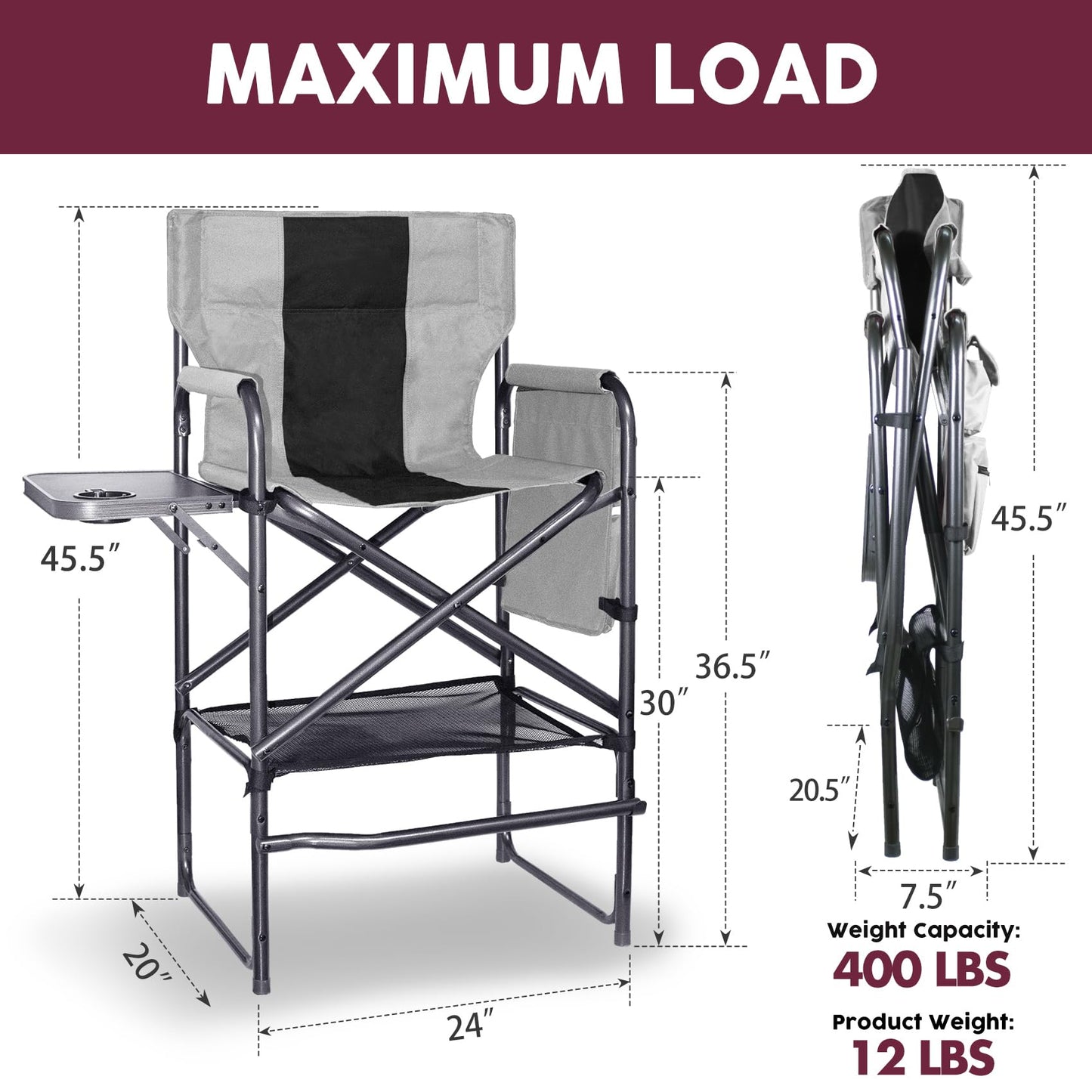 Foristrail 30" Tall Directors Chair with Side Table, 400LBS Bar Height Folding Camping Chair for Makeup Artists, Outdoor Events, Portable Foldable Chair with Cup Holder & footrest - Gray/Black