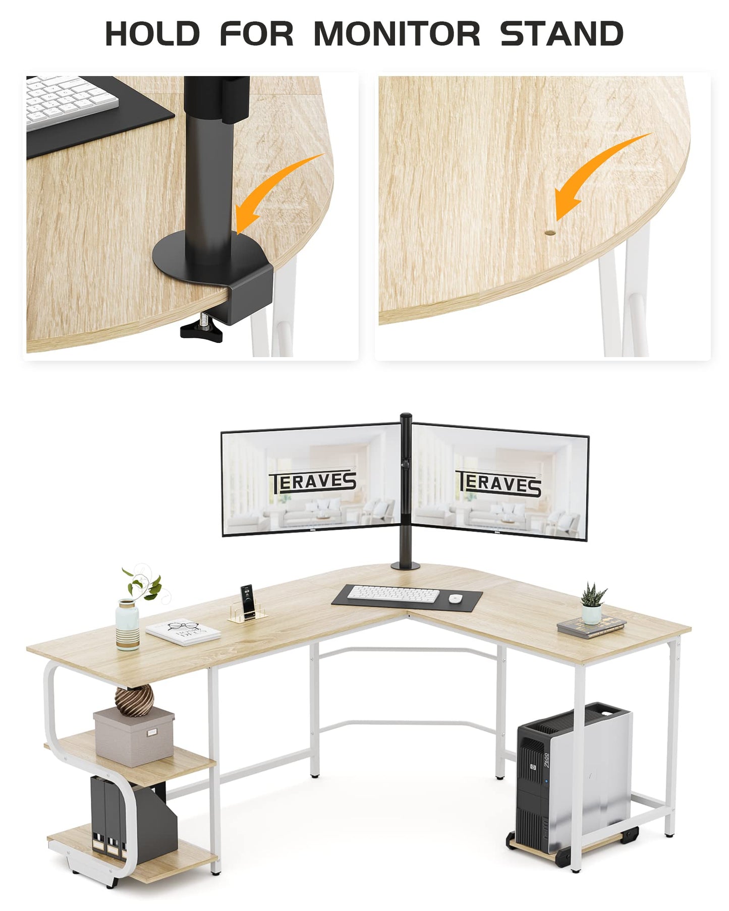 Teraves Reversible L Shaped Desk with Large Surface, 69 Inch Sturdy Corner Desk with Storage Shelves, Premium Office Computer Desk Workstation for Home Office Gaming