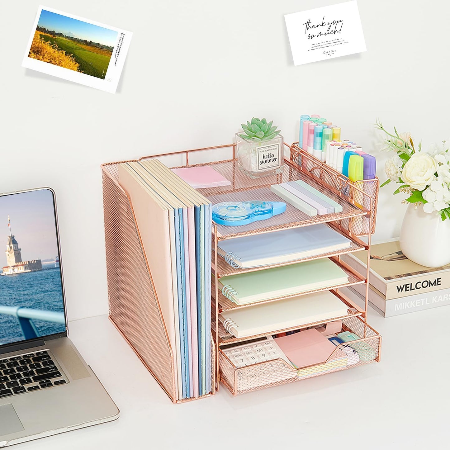 Gugsey Desk Organizers and Accessories, 5-Tier Paper Letter Tray Organizer with File Holder, Drawer & Pen Holder, Office Desk Accessories, Desktop Organizer for Classroom Office Supplies, Rose Gold