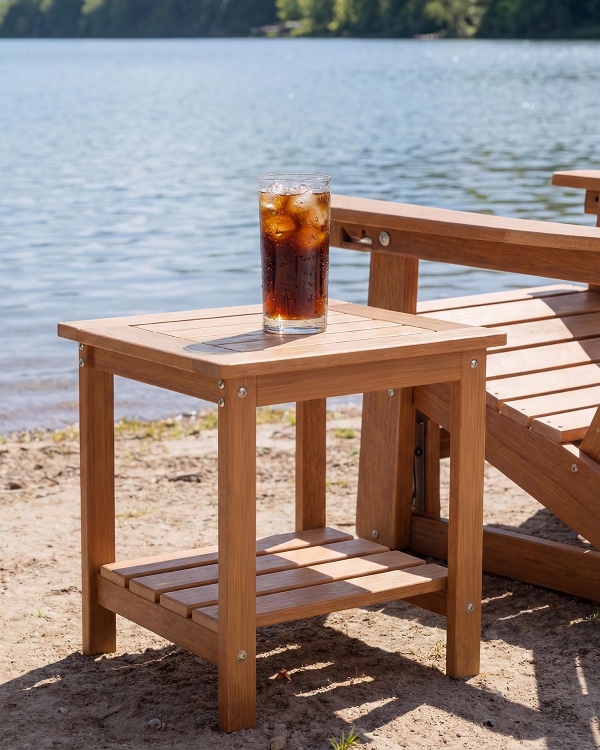 Kibaso-Adirondack Outdoor Side Table, 2-Tier HDPE Outdoor End Table, Weather Resistant Easy Maintenance, Small Patio Side Table for Patio, Pool, Porch, Garden, Lawn, and Living Room (1, Rustic Teak)