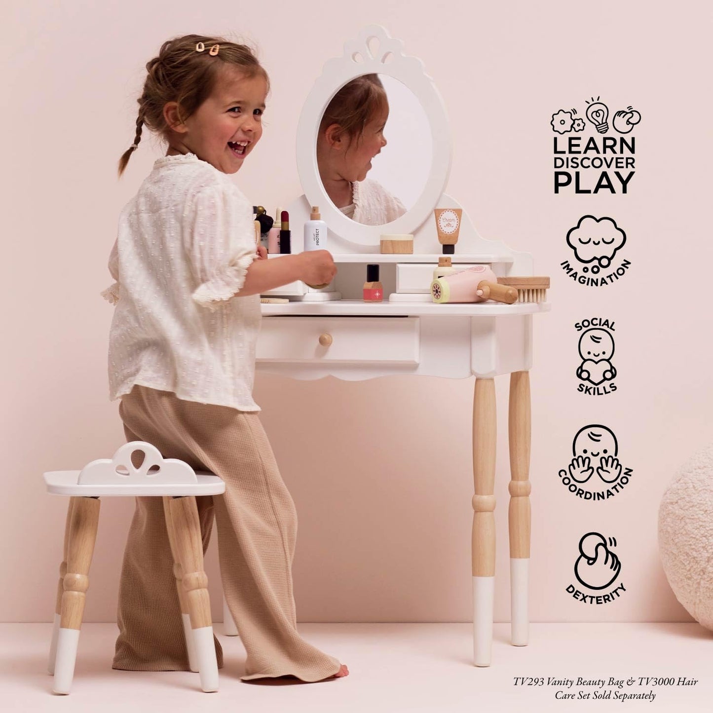Le Toy Van - Wooden Vanity Table with Mirror and Chair - Bedroom Furniture - Victorian Style Oval Dressing Table - Desk with Drawers and Stool - Kids 3+