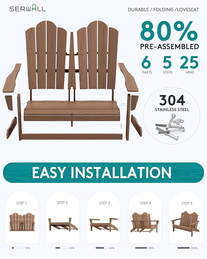 SERWALL 5 Pieces HDPE Patio Adirondack Chair Set, 2 Adirondack Chair