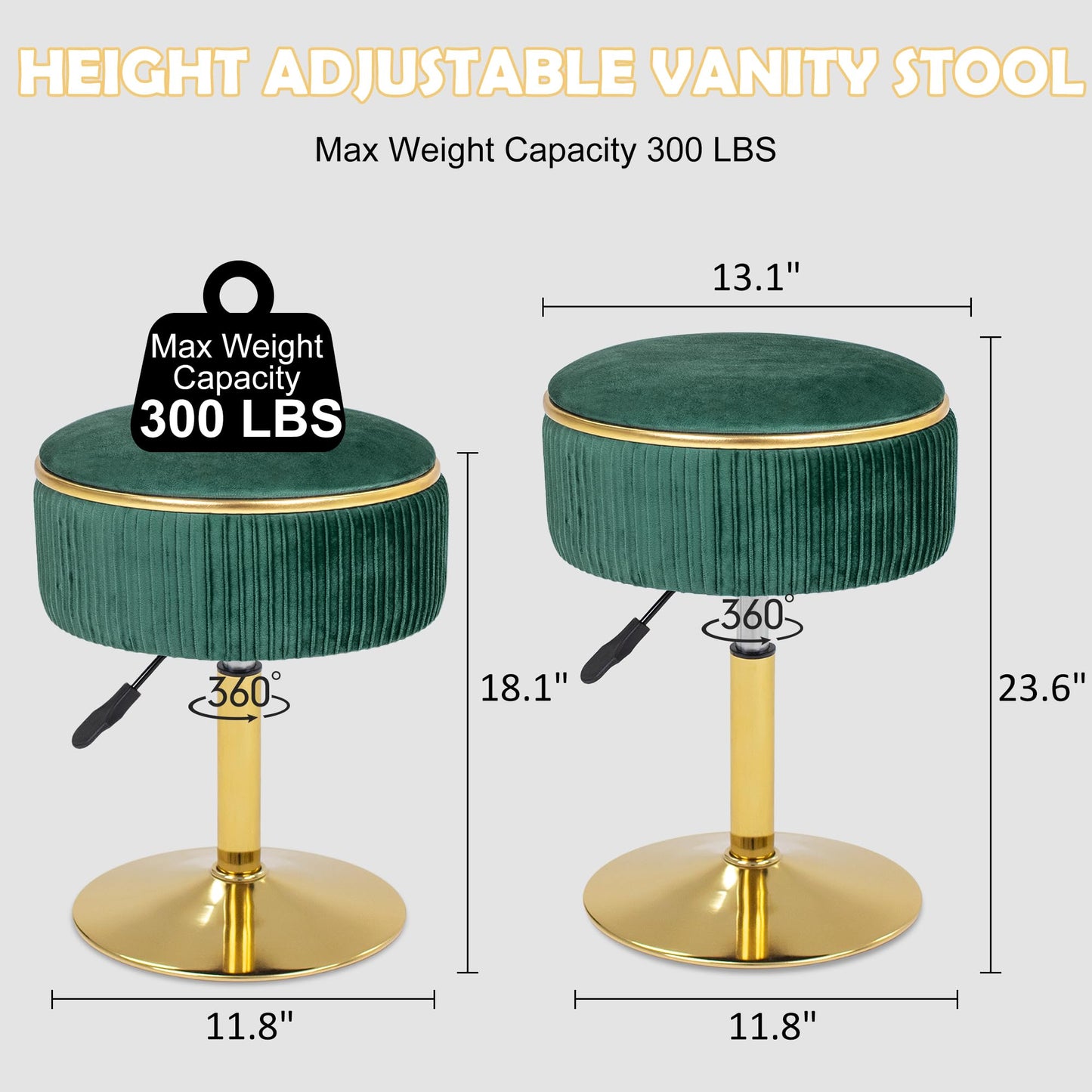 MRITWAII Adjustable Vanity Stool with Storage, 360° Swivel Makeup Stool Chair Small Velvet Round Ottoman with Gold Base for Bedroom, Green