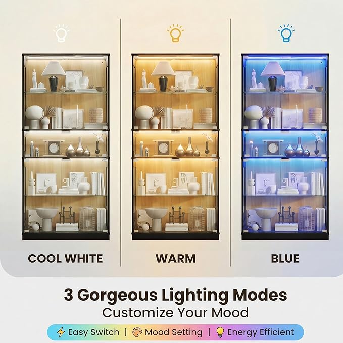Display Cabinet with Glass Doors & LED Lights, 5 Tier Lighted Display Case