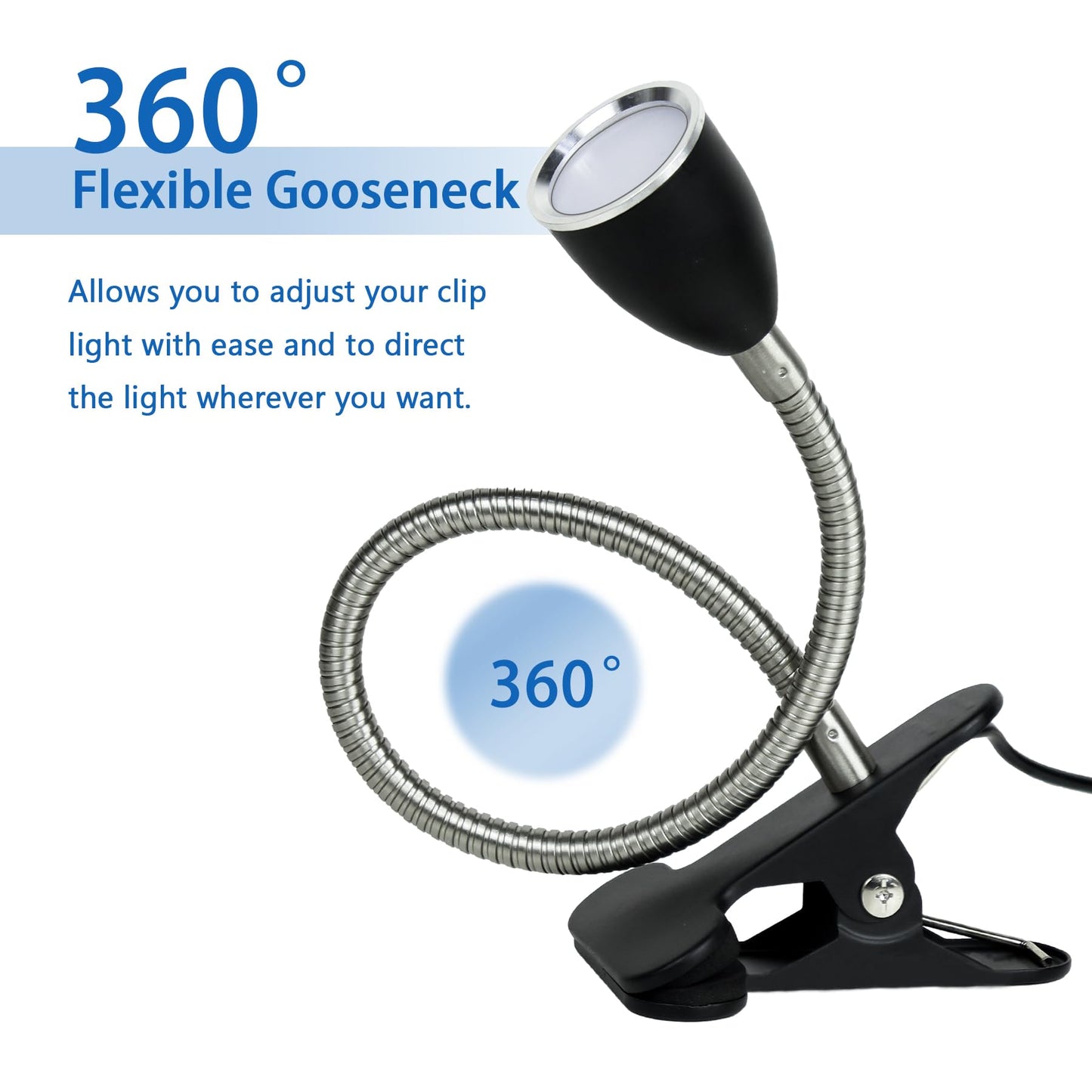 Desk lamp Eye-Caring Table Lamps, 360°Rotation Gooseneck Clip on Lamp Reading Light, Portable Reading Book Light, Clamp Light, Study Desk Lamps for Bedroom and Office Home Lighting (Black with Dimmer)